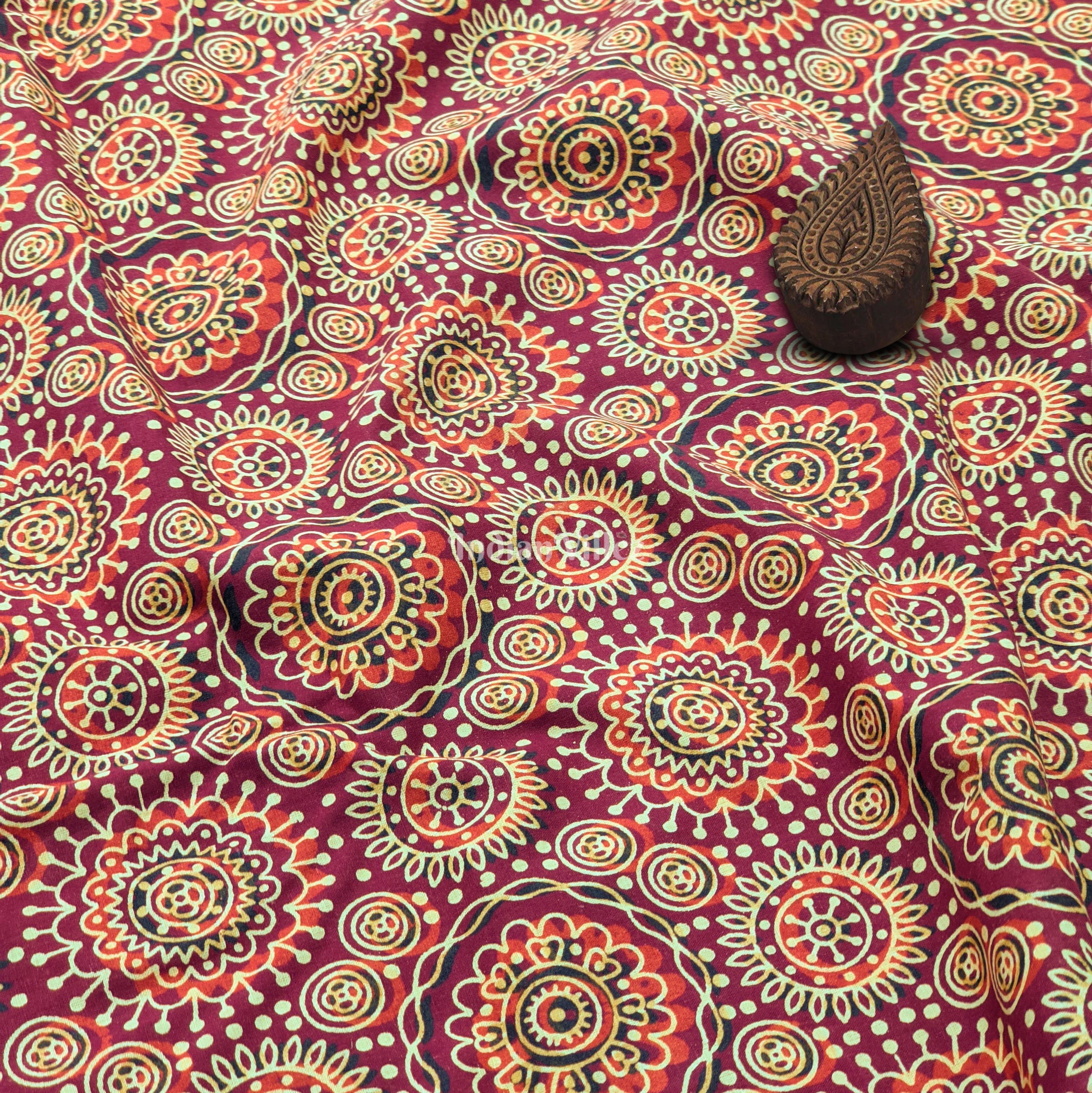 Maroon Multicolored Floral Hand Block Printed Cotton Fabric