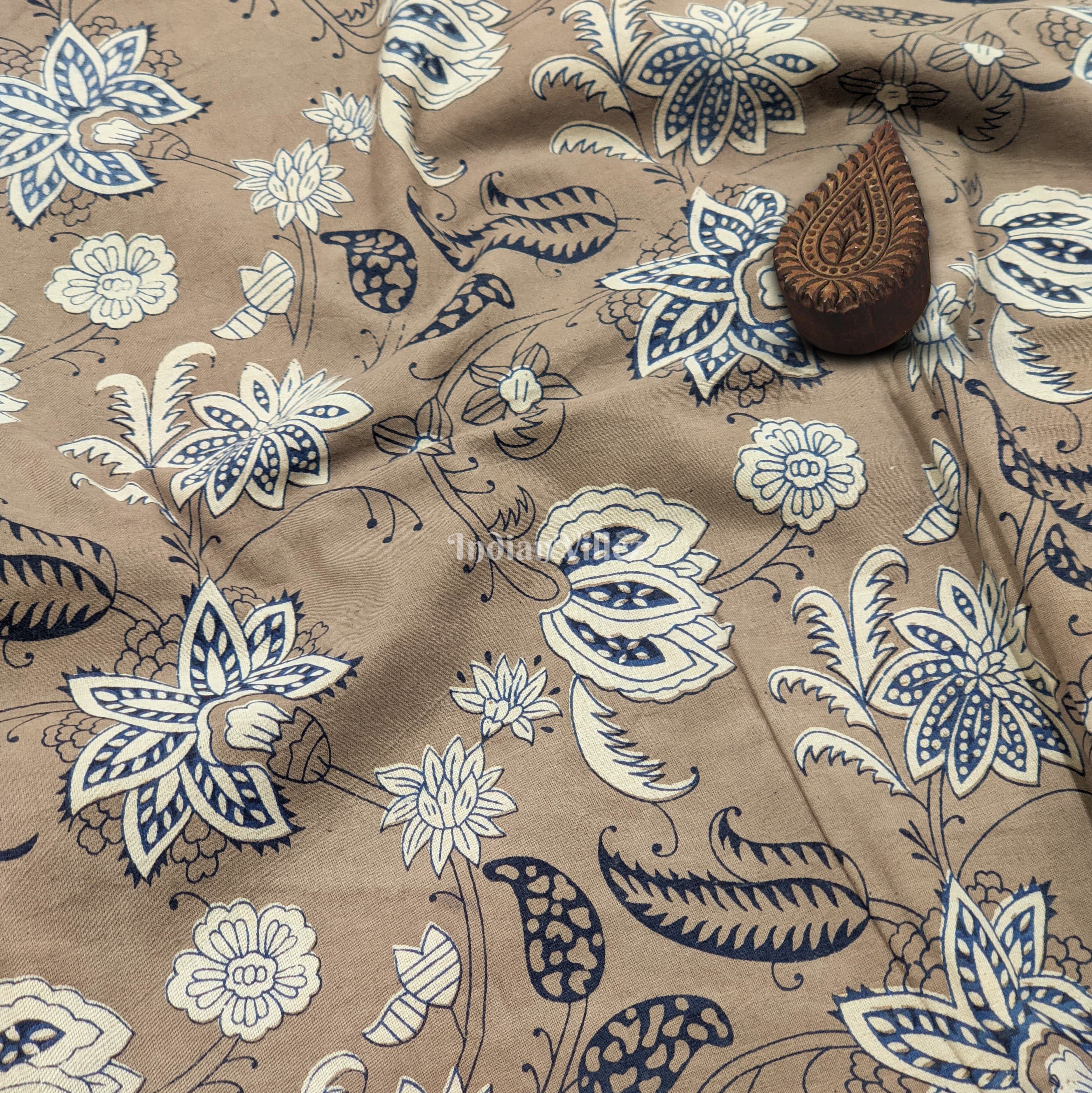 Khaki Brown Floral Hand Block Printed Cotton Fabric