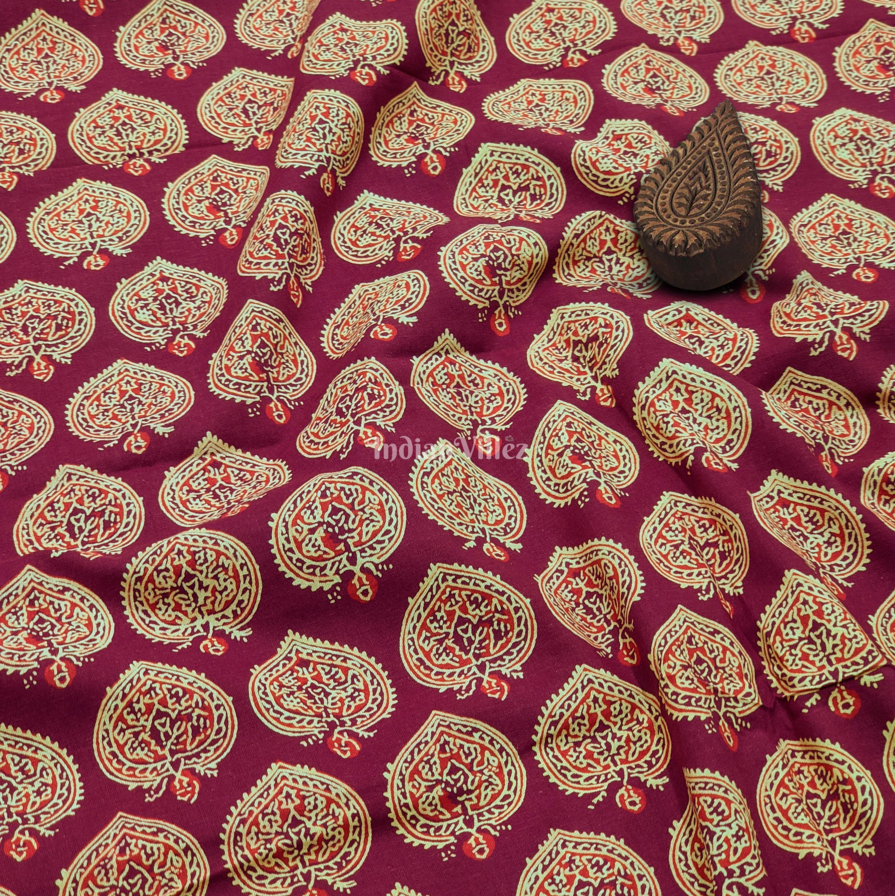 Maroon Floral Hand Block Printed Cotton Fabric