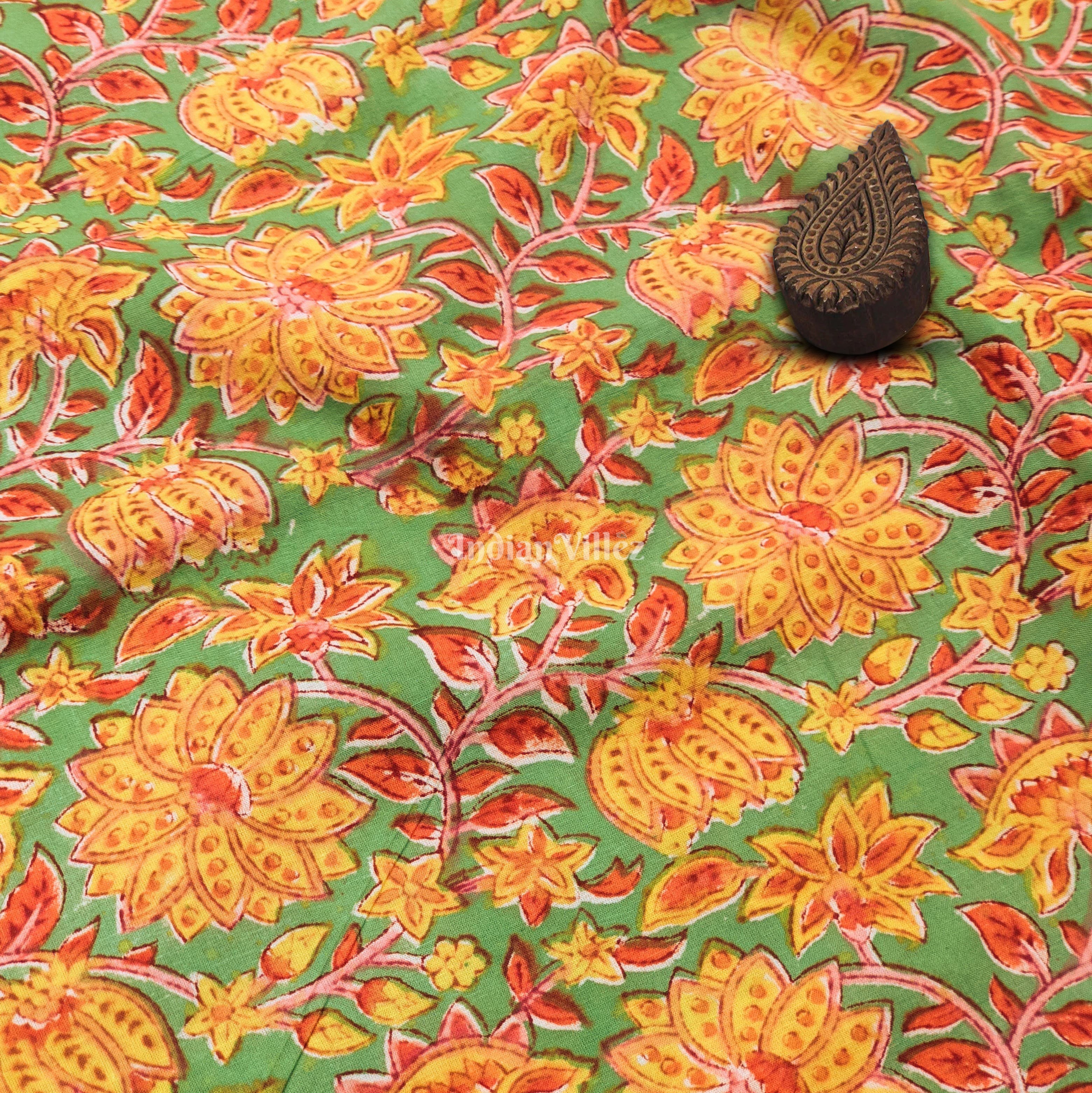 Yellow Green Floral Hand Block Printed Cotton Fabric