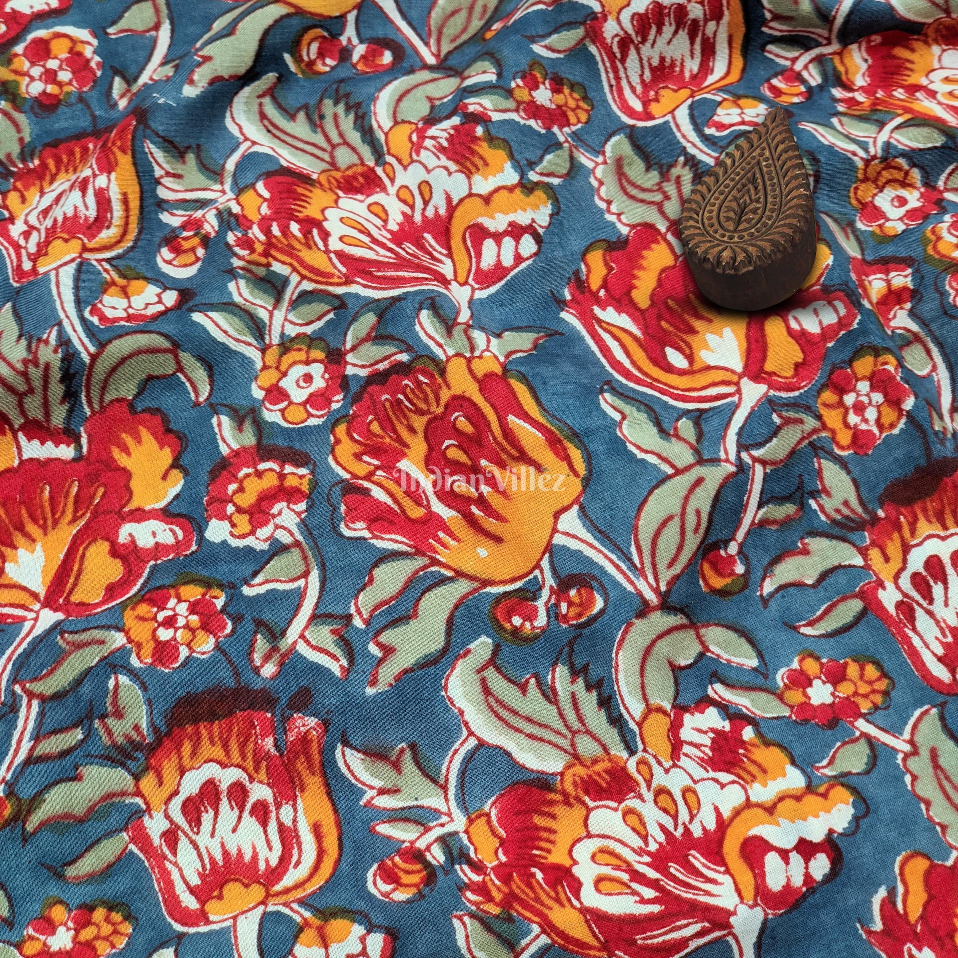 Multicolored Floral Hand Block Printed Cotton Fabric