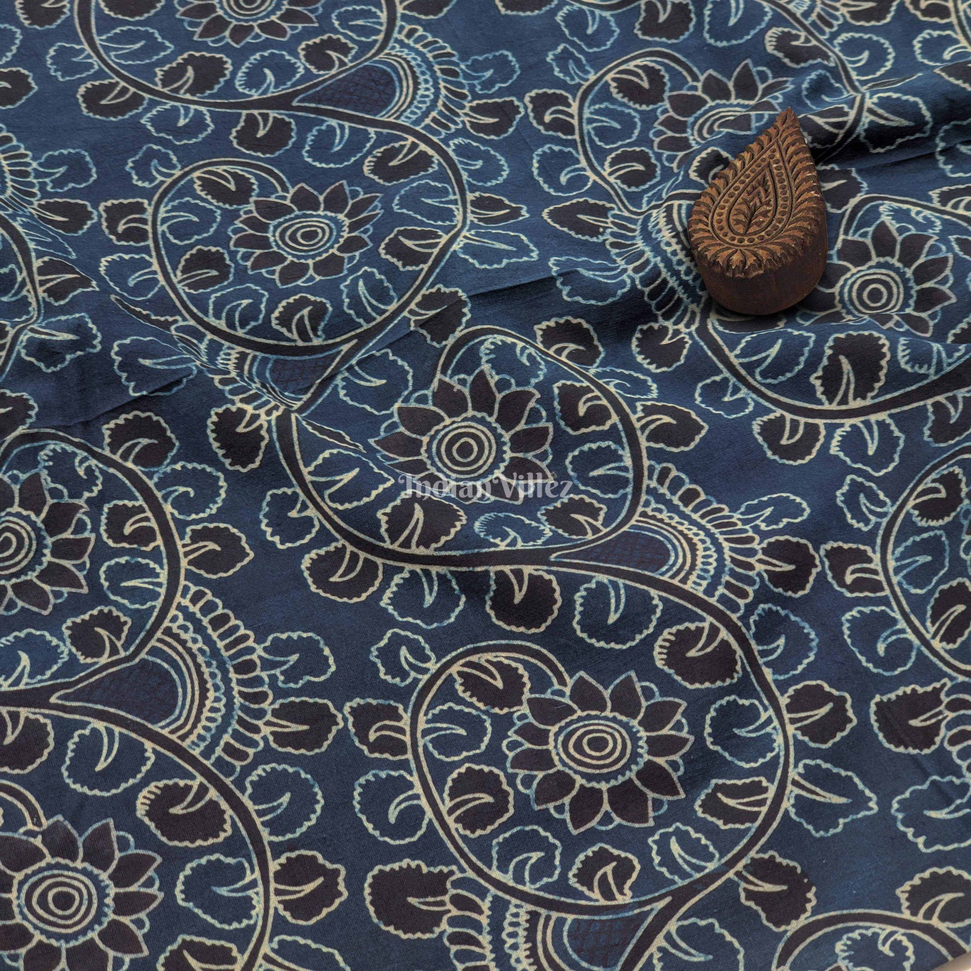 Navy Blue Black Floral Hand Block Printed Cotton Fabric