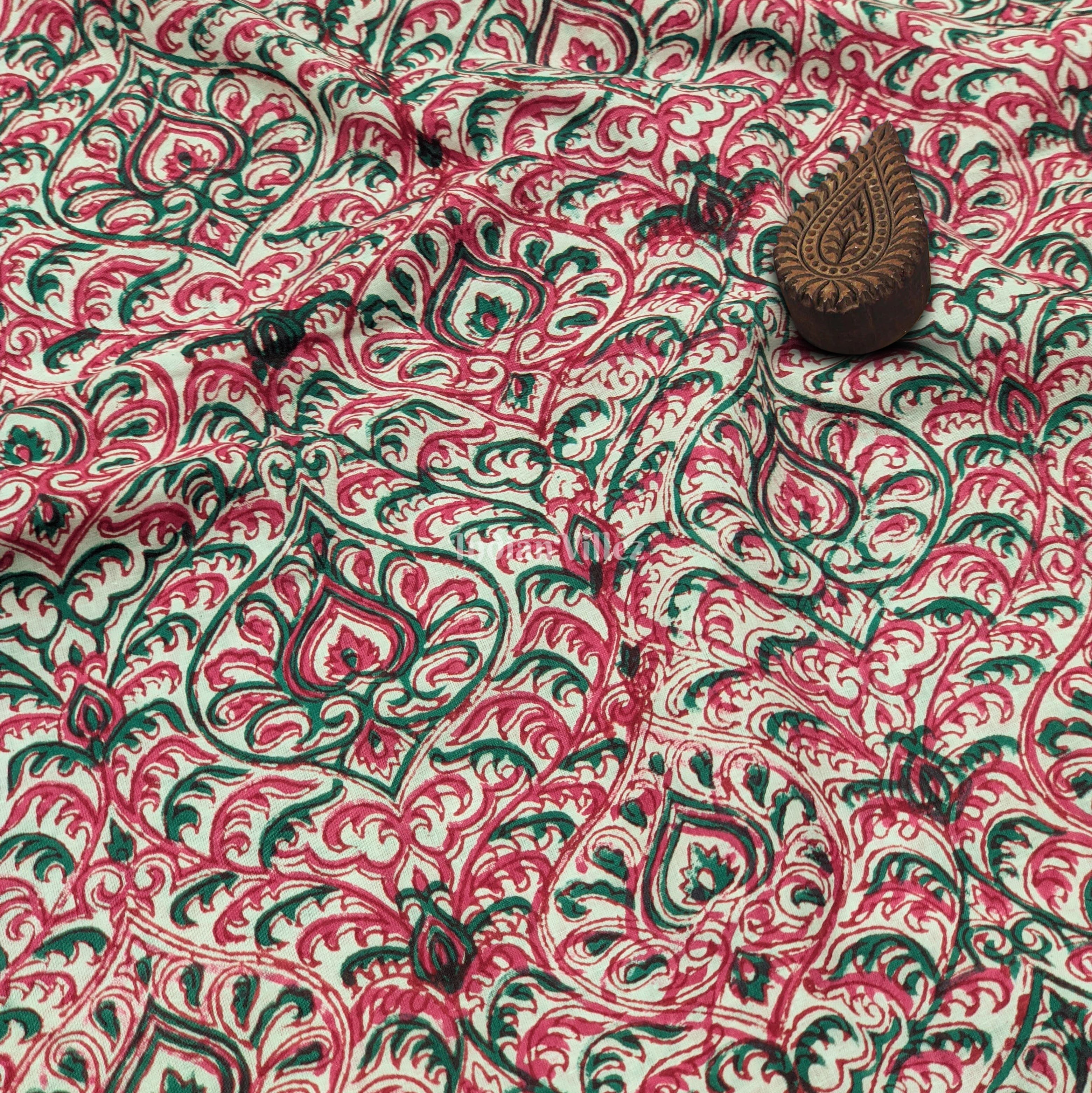 Green Pink Floral Hand Block Printed Cotton Fabric