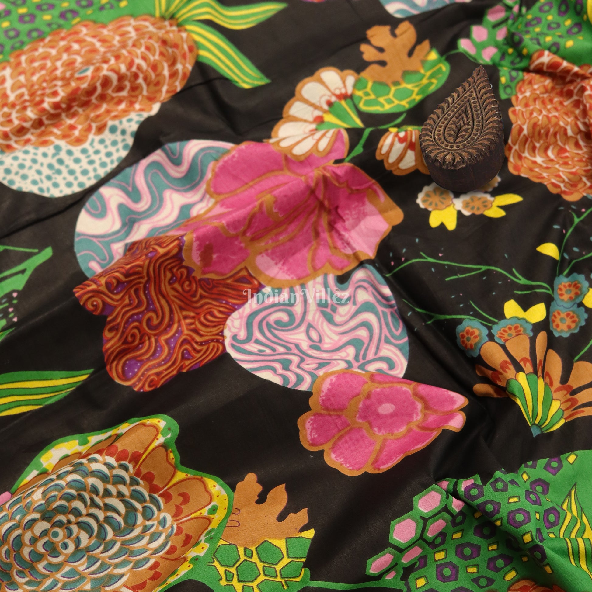Black Multicolor Flower Motif Hand Block Printed Cotton Fabric
