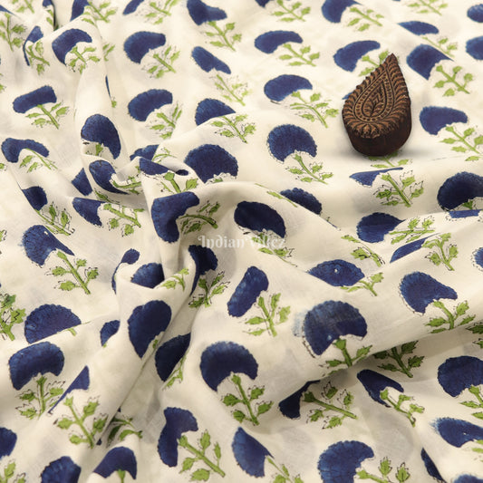 White Blue Flower Motif Hand Block Printed Cotton Fabric