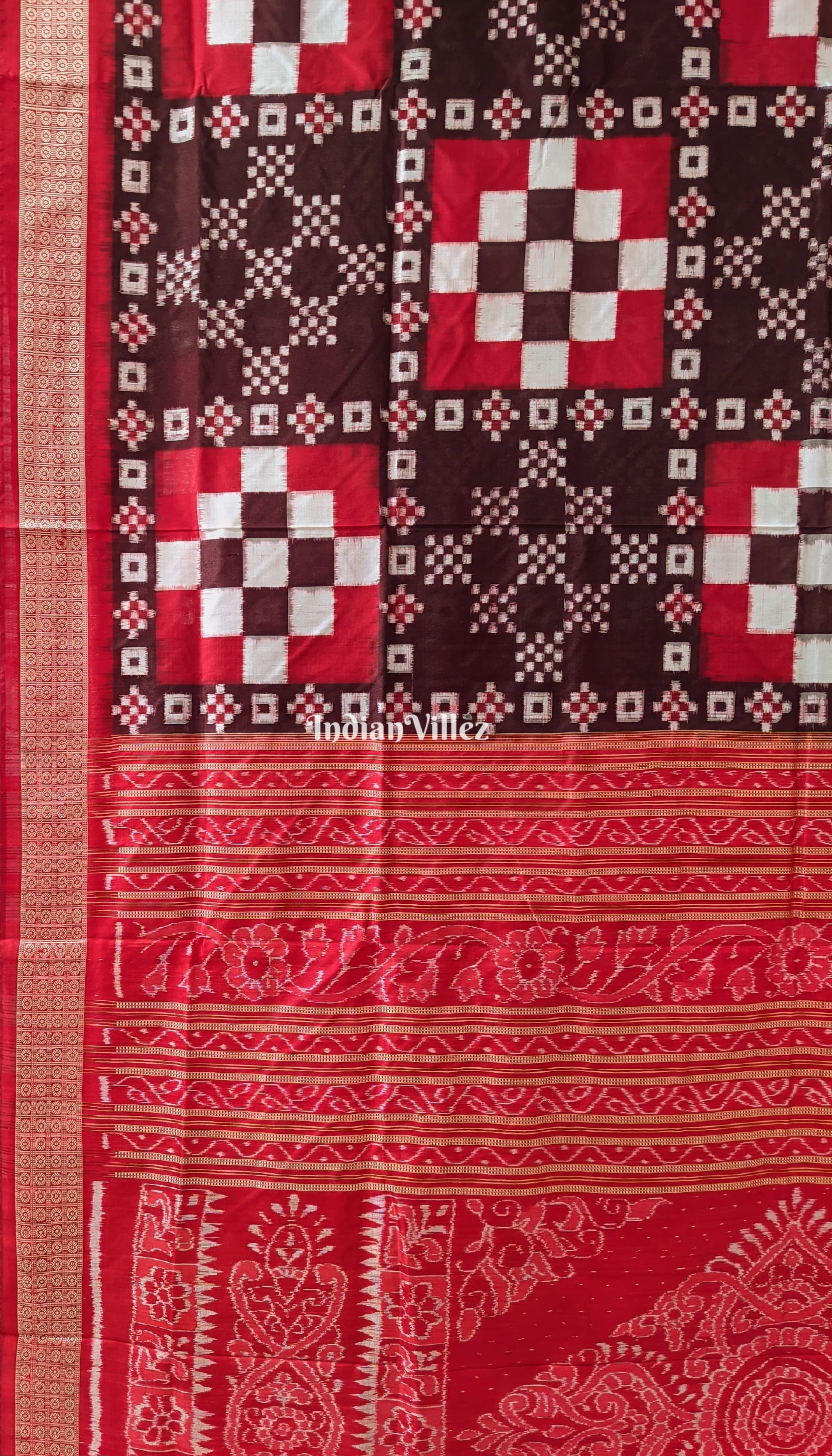 Red & Coffee Color Pasapali Theme Sambalpuri Silk Saree