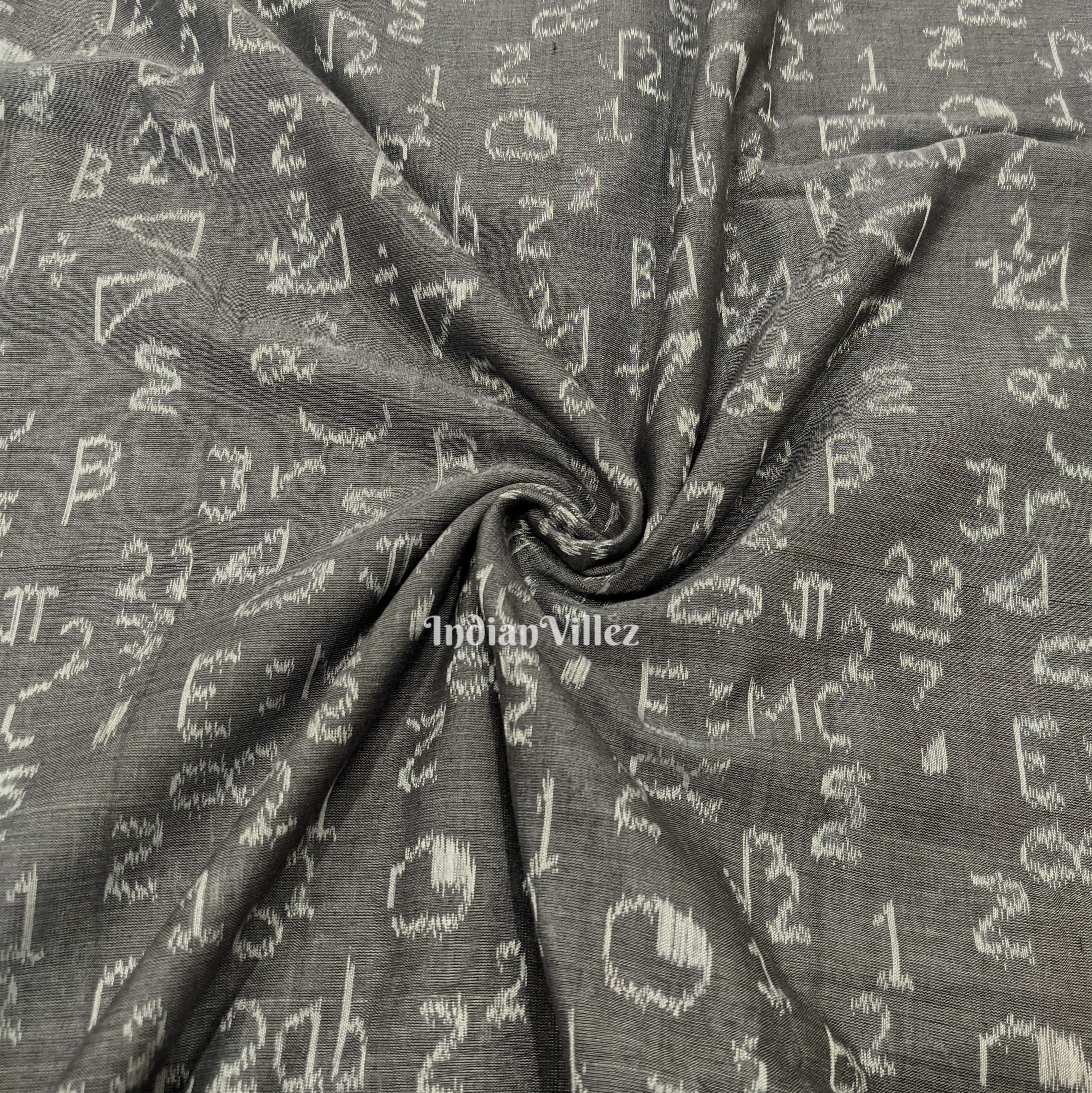 Coal Gray Mathematics Theme Sambalpuri Ikat Cotton Fabric
