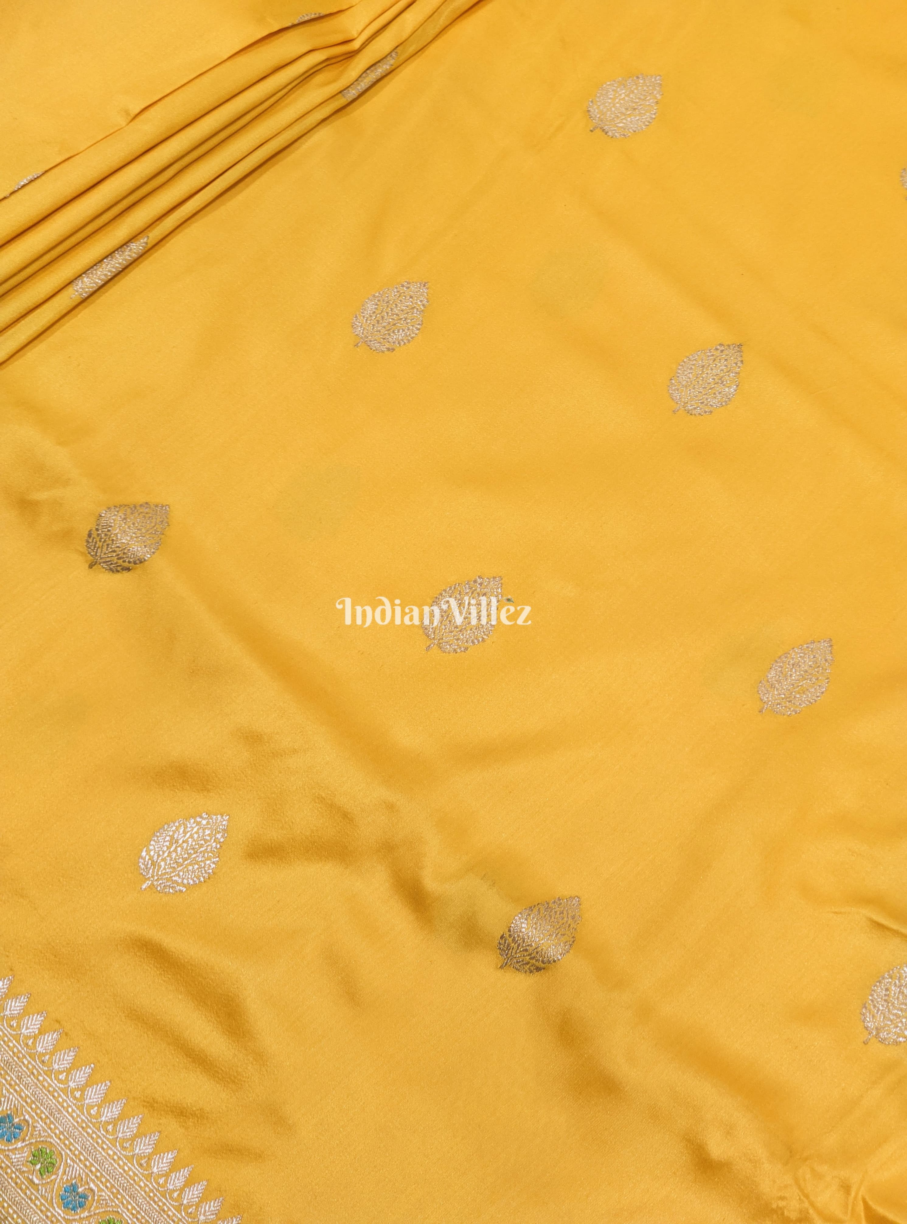 Yellow Leaf Motif Designer Katan Silk Banarasi Saree