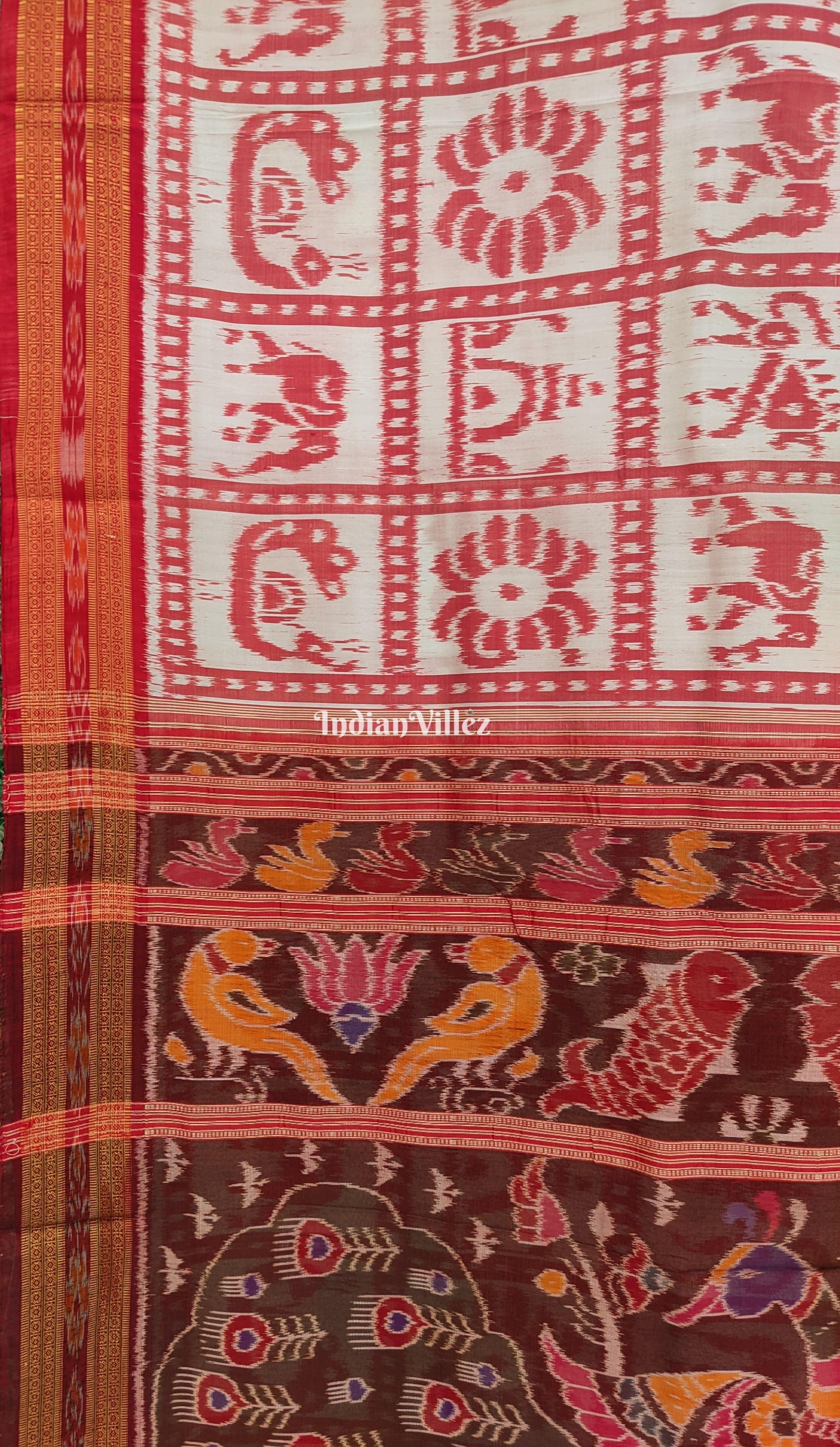 White Elephant Peacock Odisha Ikat Khandua Silk saree