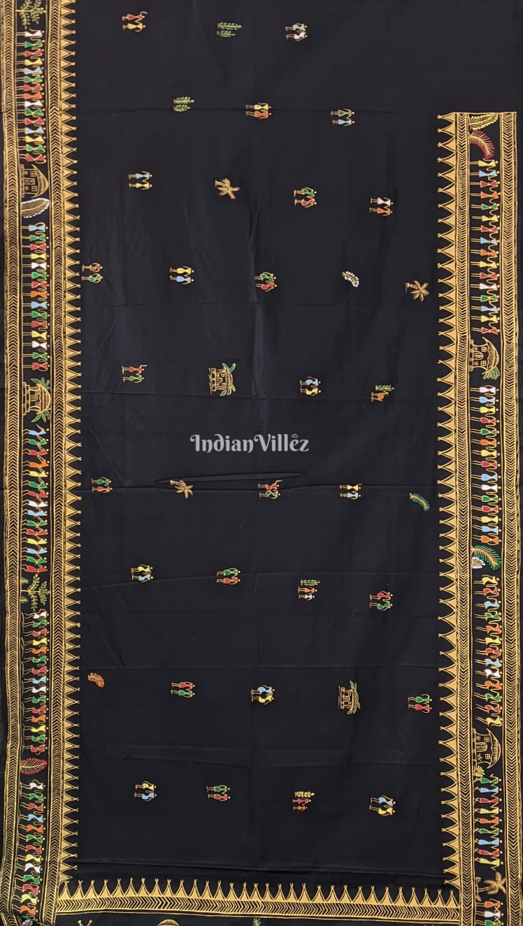Black Tribal Themed Pattachitra Silk Saree