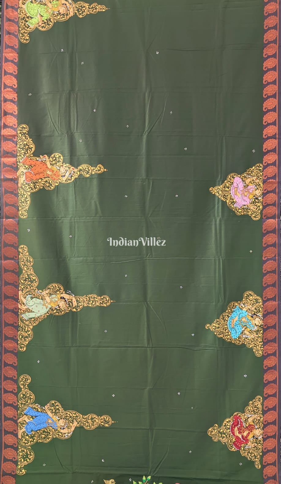 Jungle Green Krushna Leela Pattachitra Art on Kerala Silk Saree