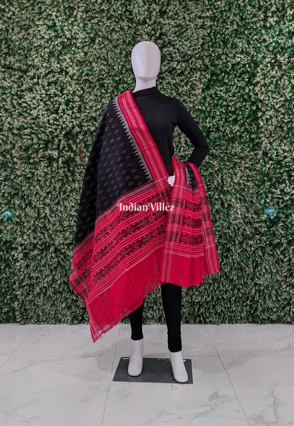 Black Red Odisha Ikat Cotton Dupatta