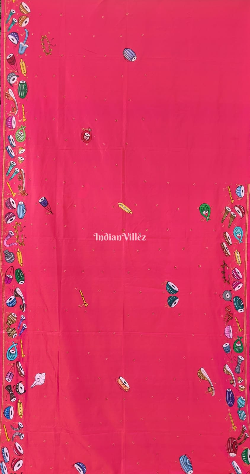 Pink Color Veena Design Pattachitra Art Pure Silk Saree