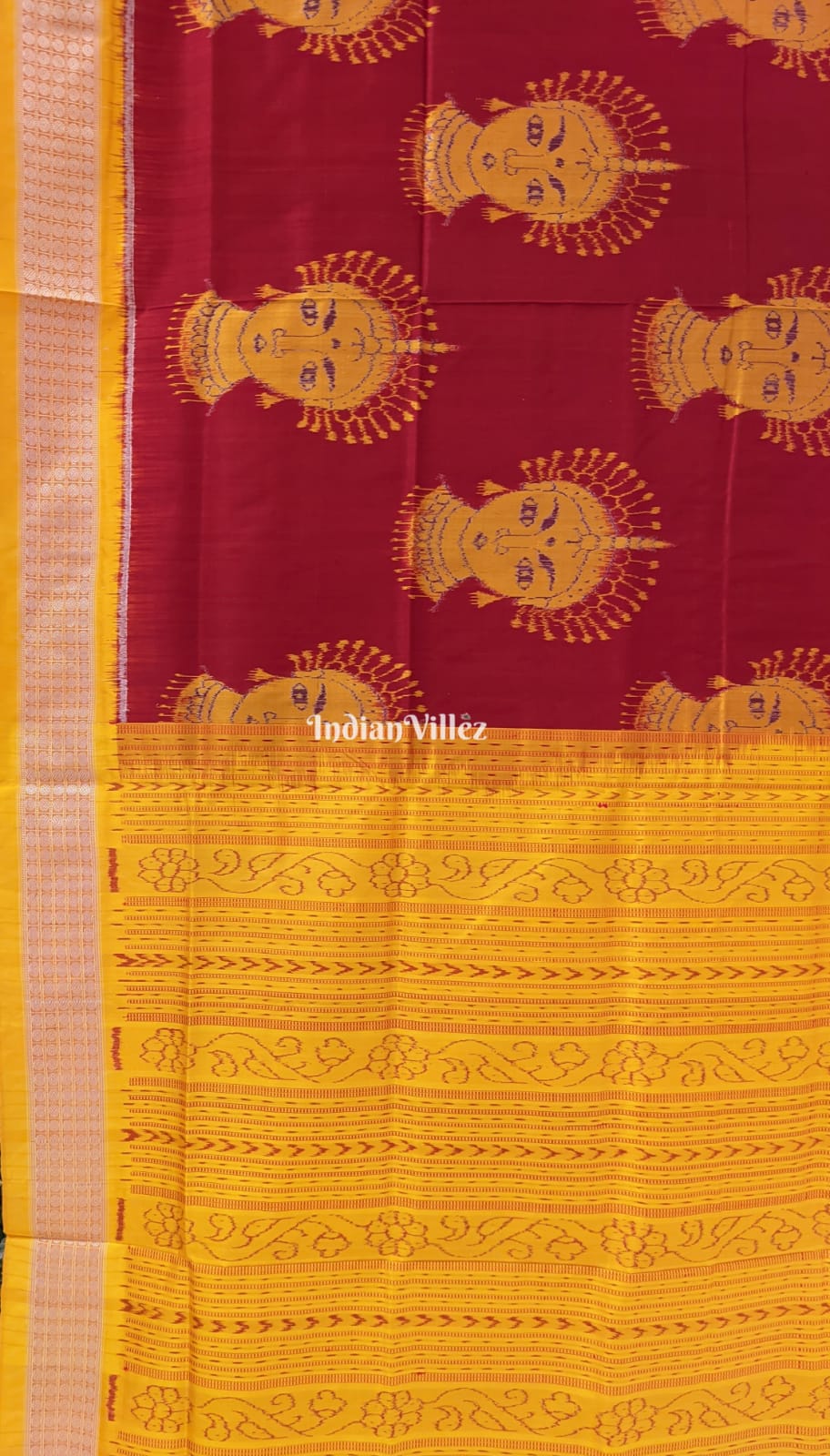 Maroon Yellow Odishi Dancer Theme Sambalpuri Silk Saree