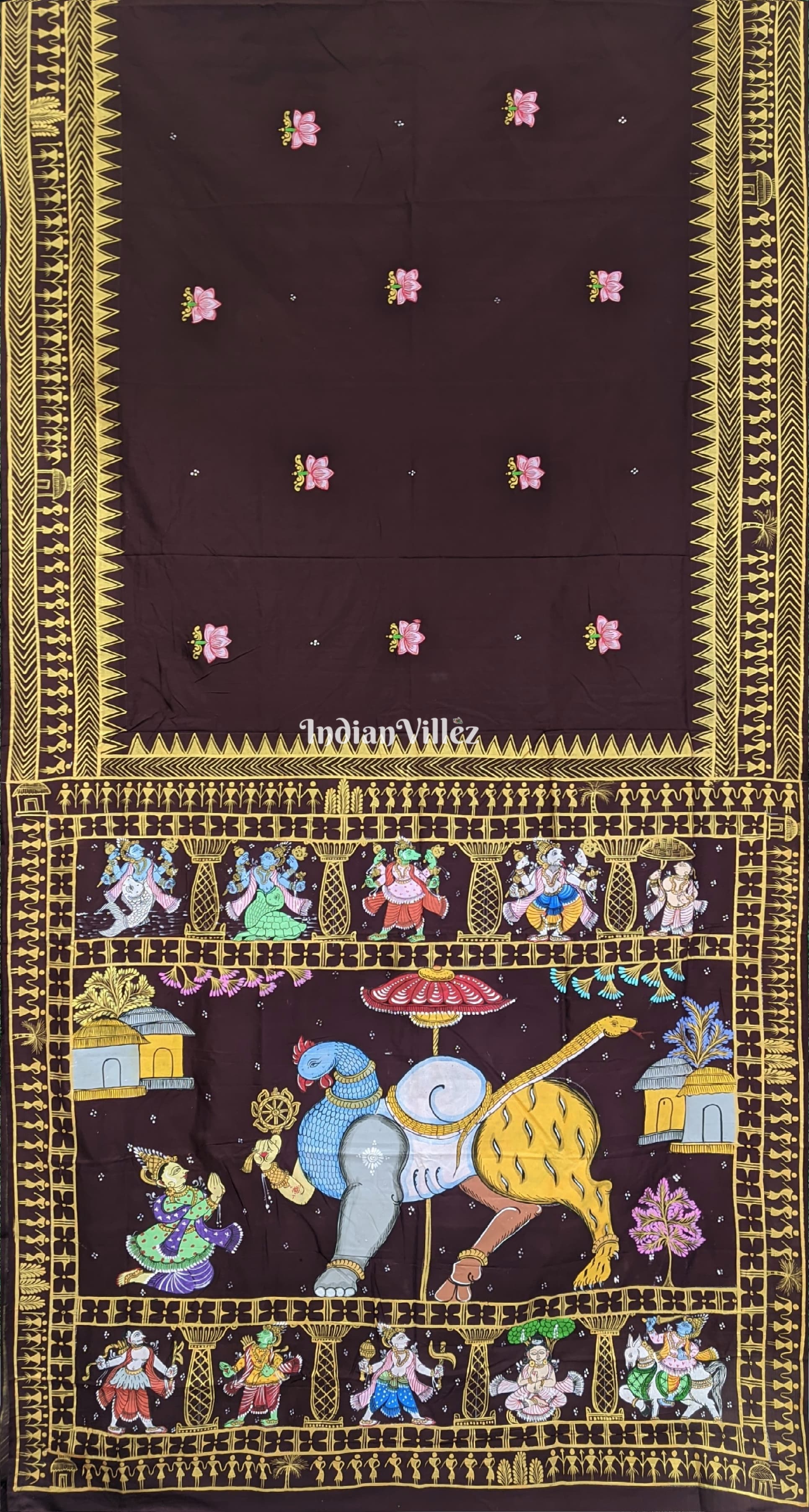 Arjuna Bows to Navagunjara Pure Pattachitra Silk Saree