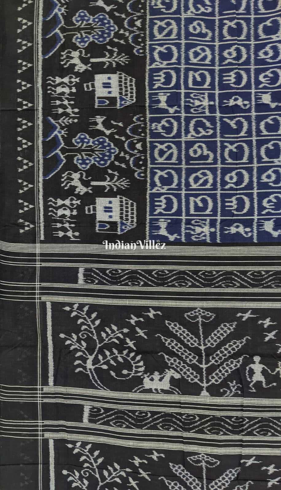 Blue & Black Odia Barnamala with Tribal Sambalpuri Cotton Saree