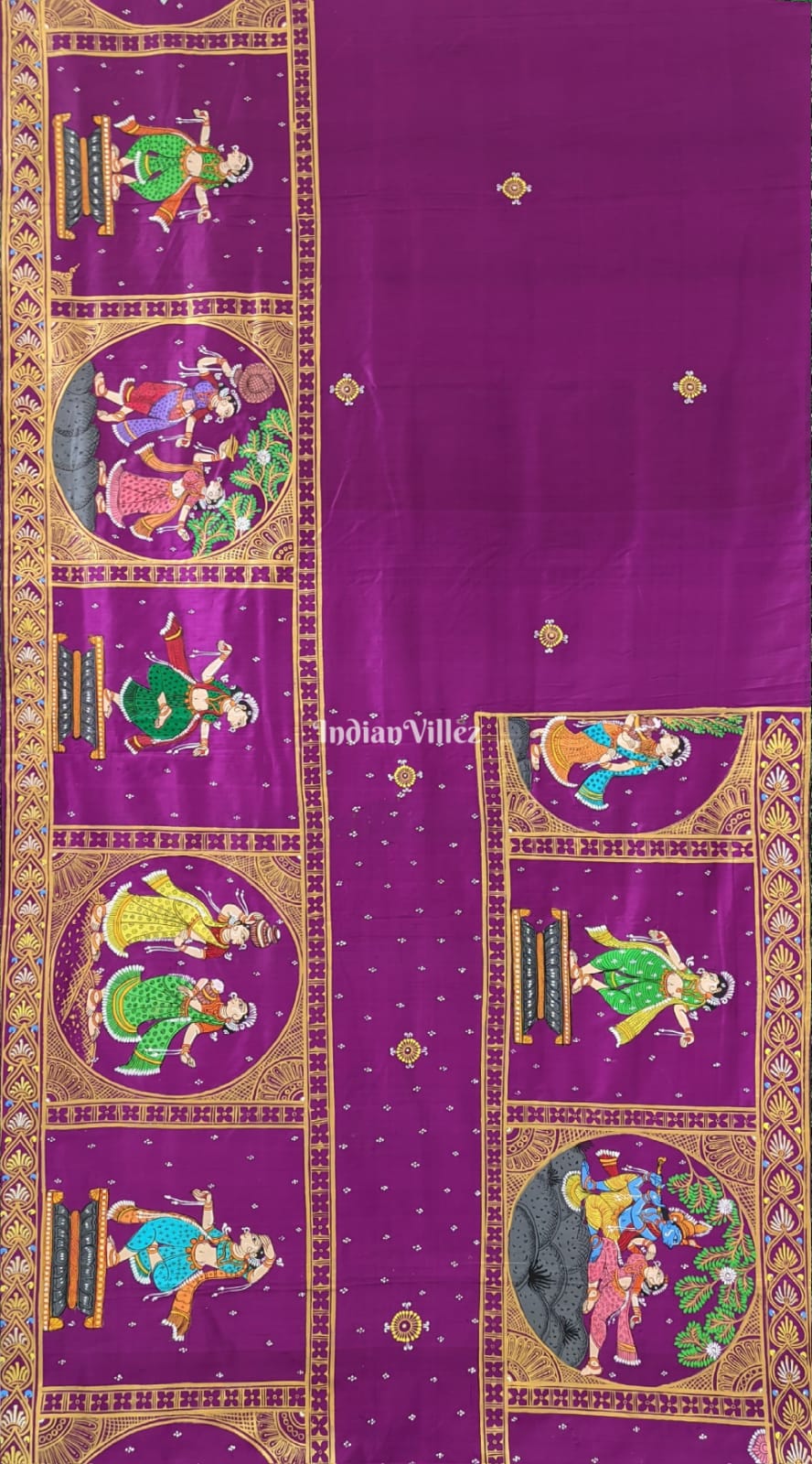 Purple Krishna Leela Pattachitra Silk Saree