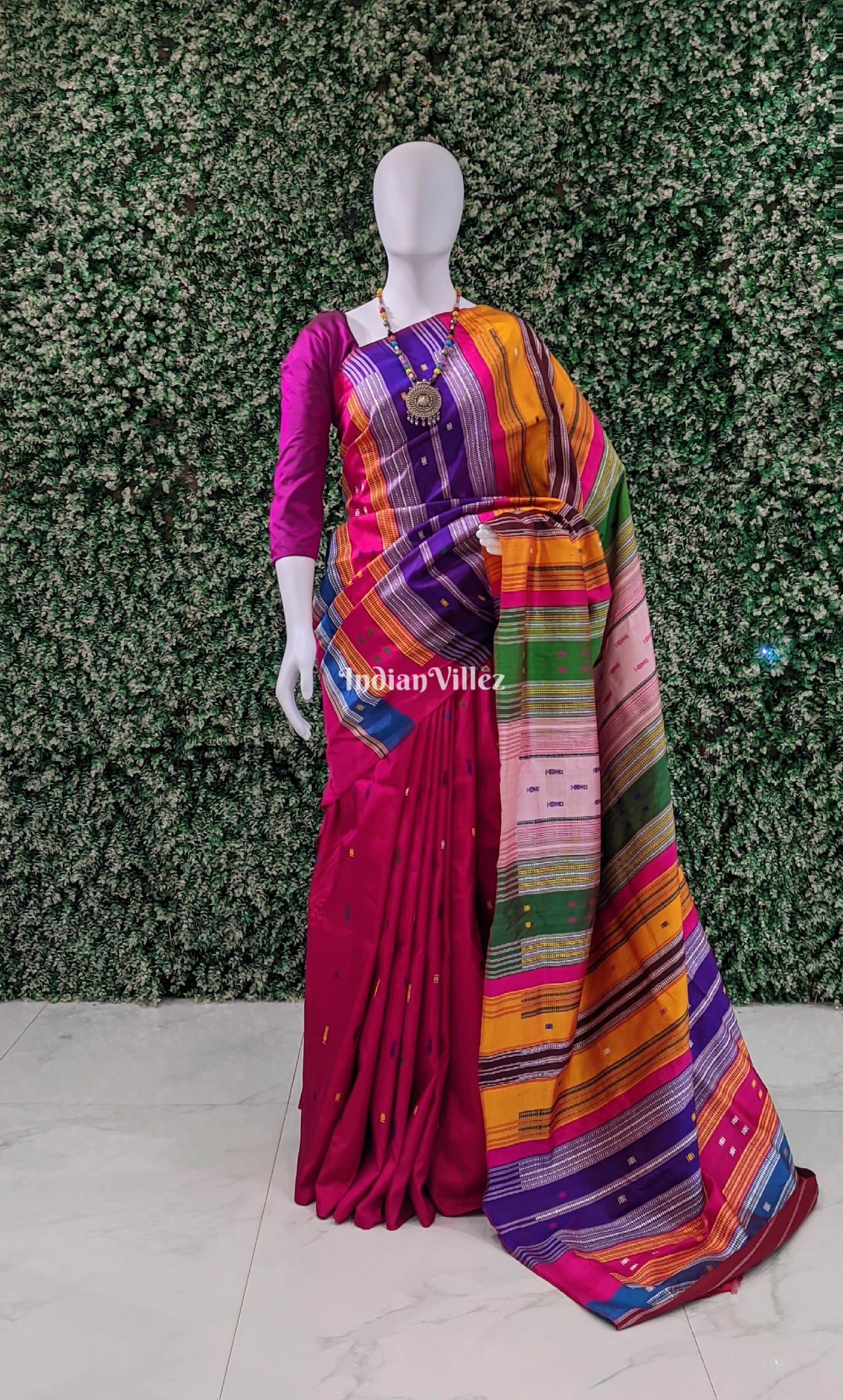 Rani Pink Designer Contemporary Silk Saree with Multicolor Double Anchal