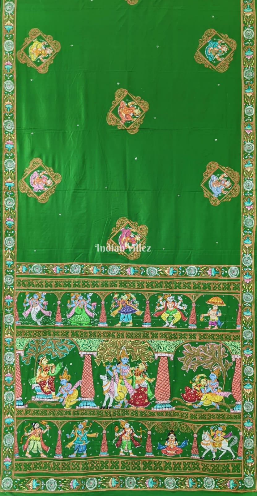 Green Radha Krishna Dashavatara Pattachitra Silk Saree