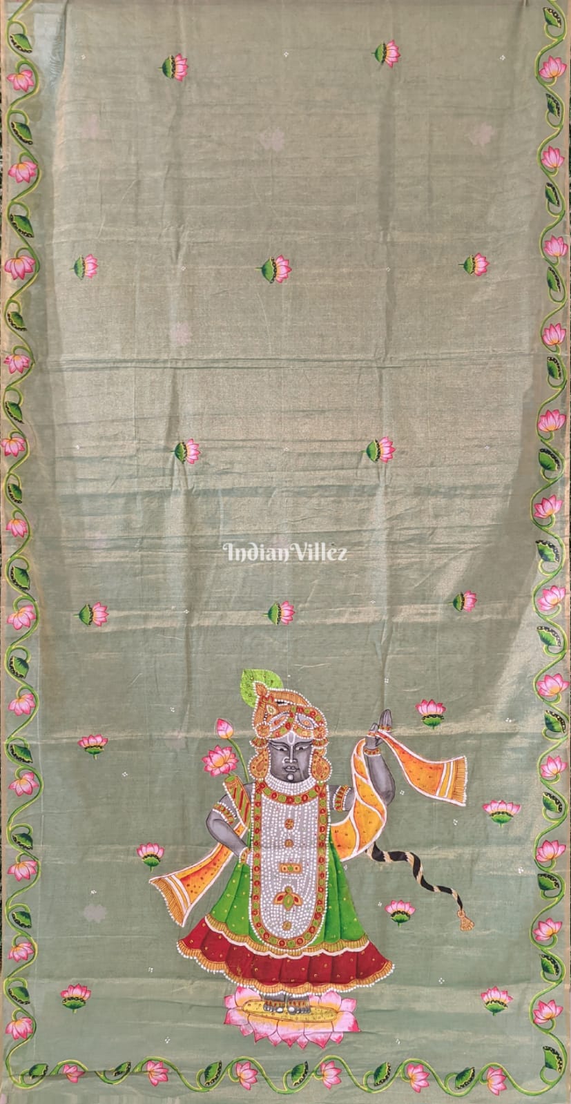 Pista Green Dual Tone Shrinathji Pichwai Art on Kerala Tissue Saree