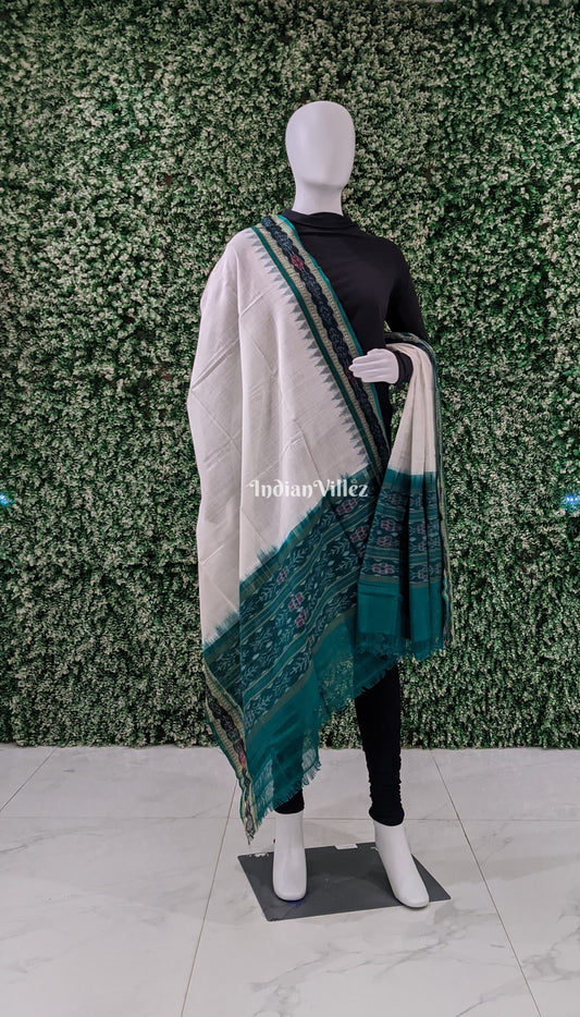 White Bottle Green Handwoven Odisha Ikat Cotton DupattaWhite Bottle Green Handwoven Odisha Ikat Cotton Dupatta
