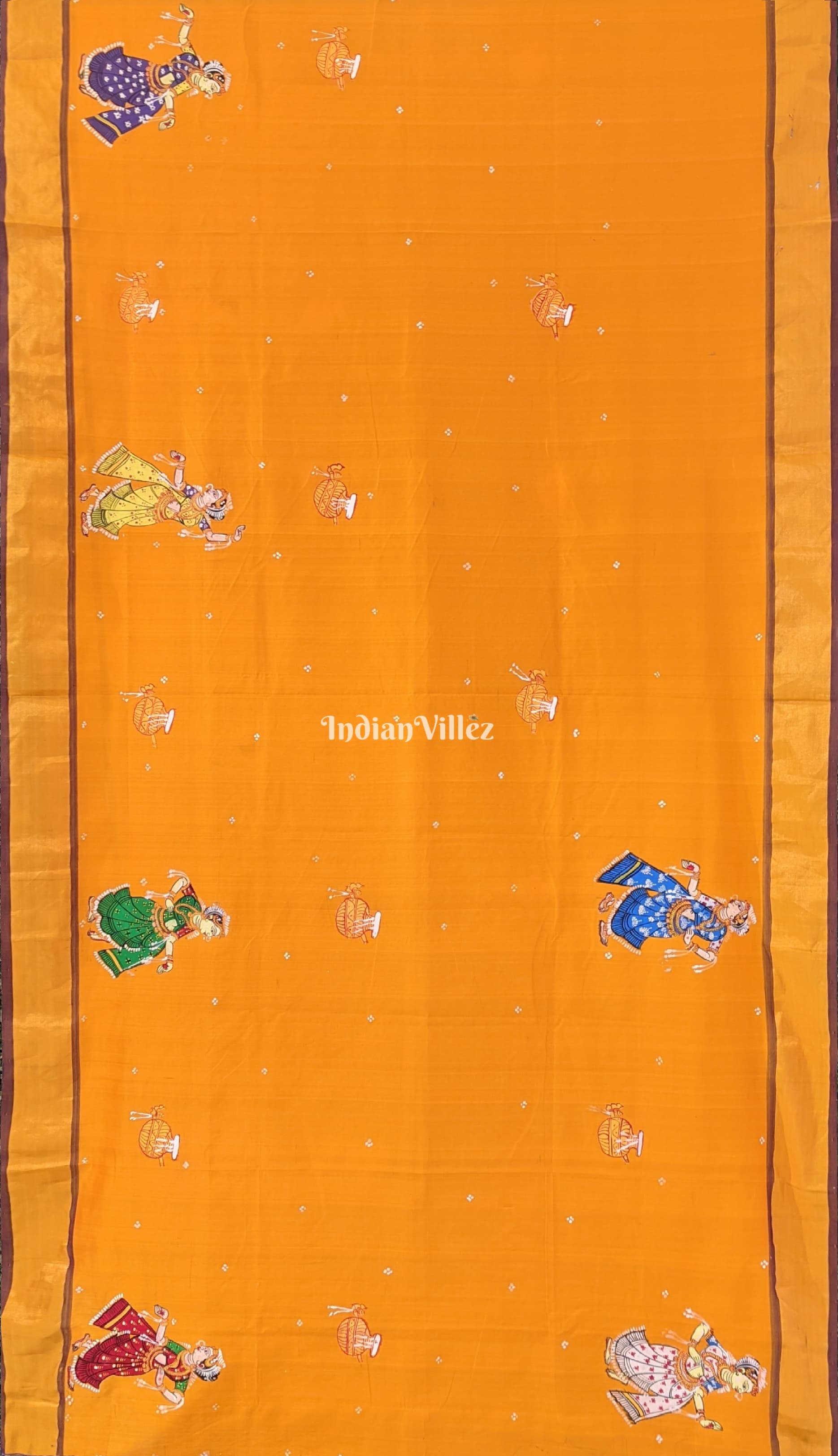 Yellow Blue Krishna with Gopi Theme Pattachitra South Silk Saree