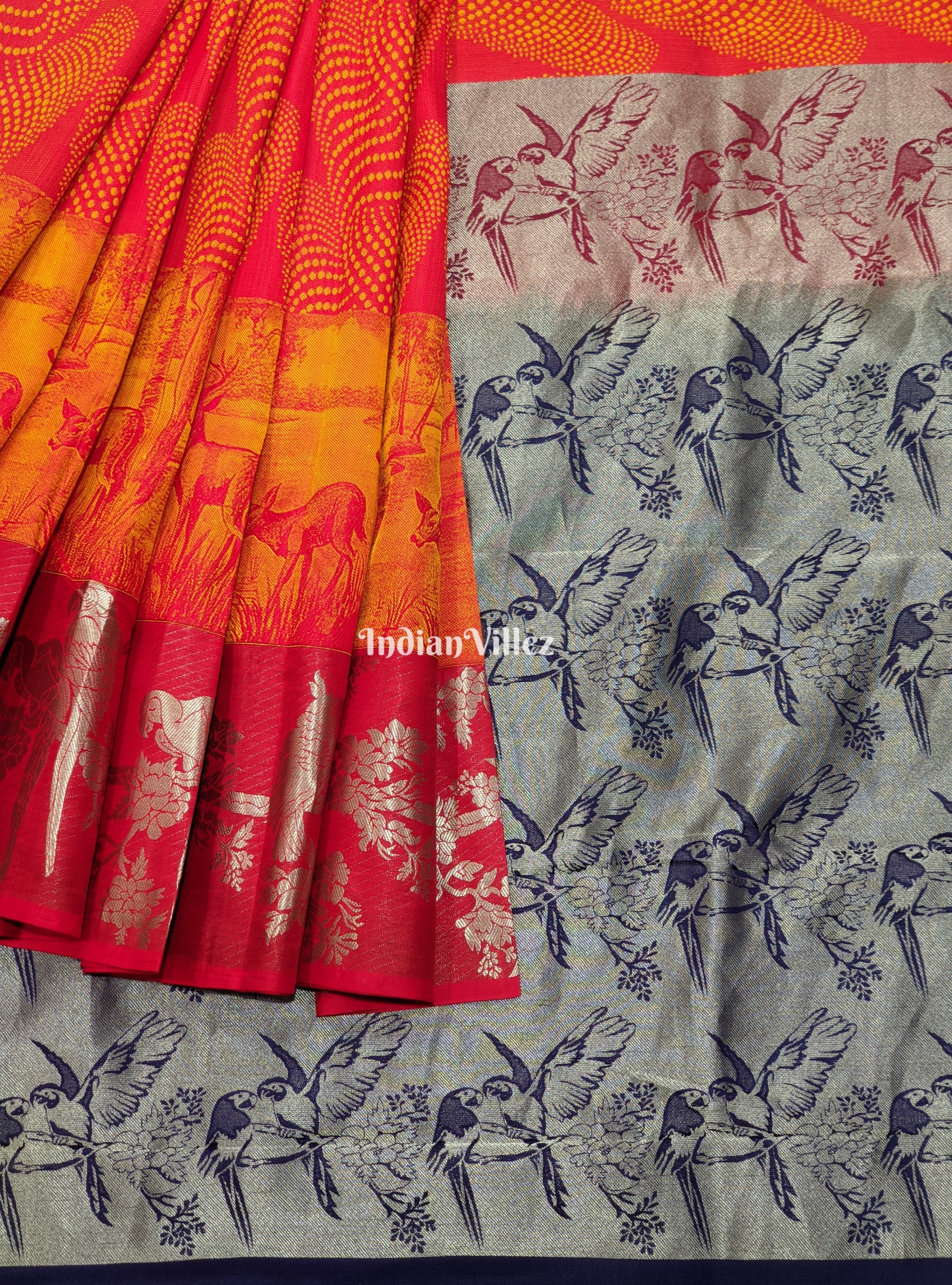 Red Orange Forest Theme Pure Kanchipuram Silk Saree