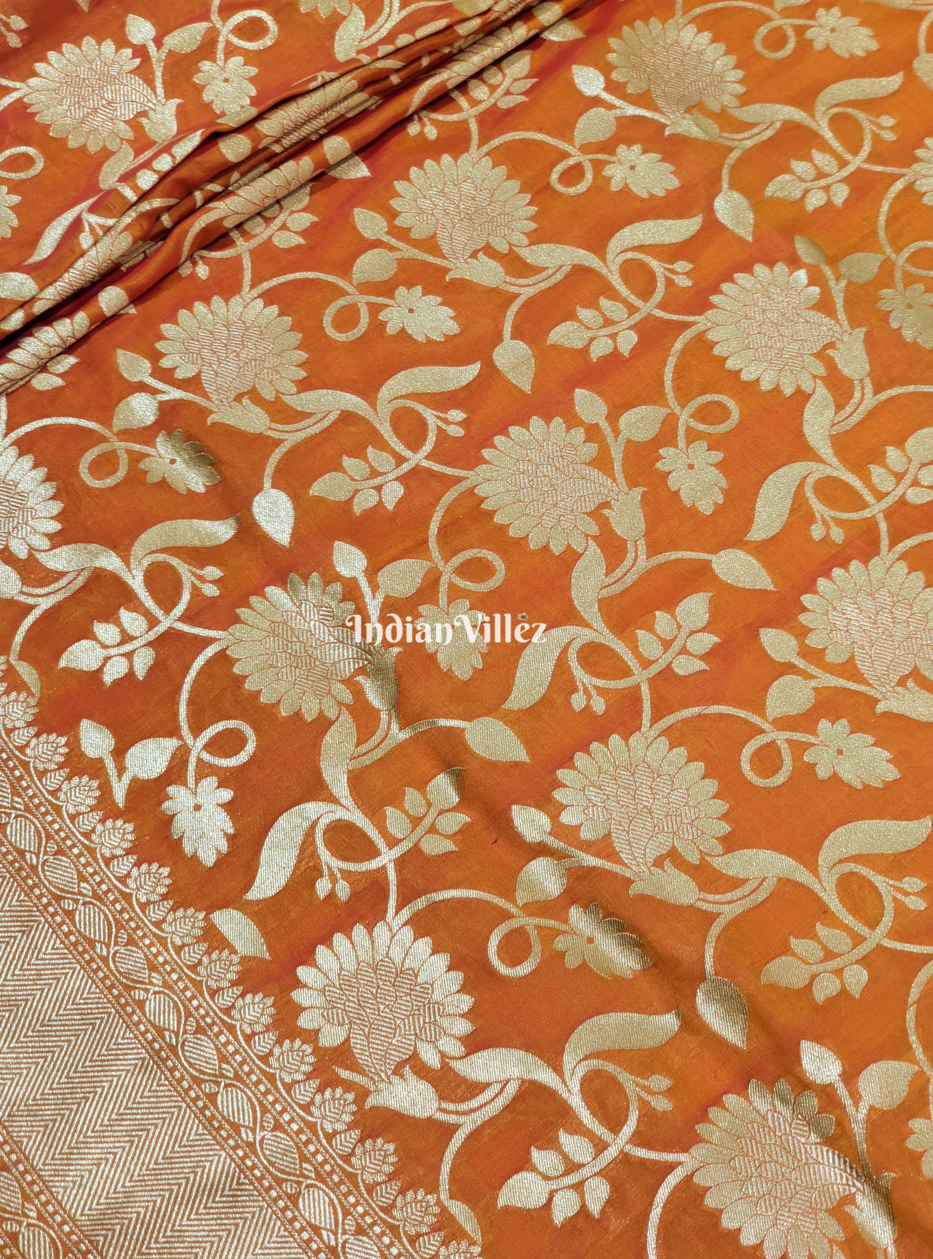 Orange Yellow Floral Motif Designer Katan Silk Banarasi Saree
