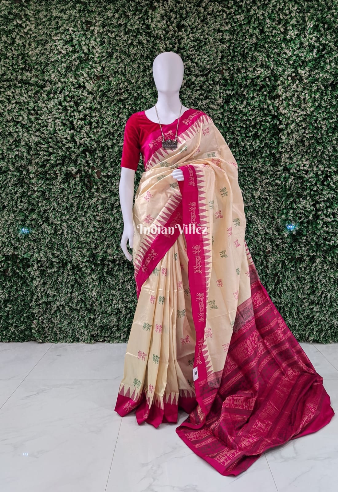 Pink Off-White Tribal Bomkai Sambalpuri Ikat Silk Saree with Tissue Work