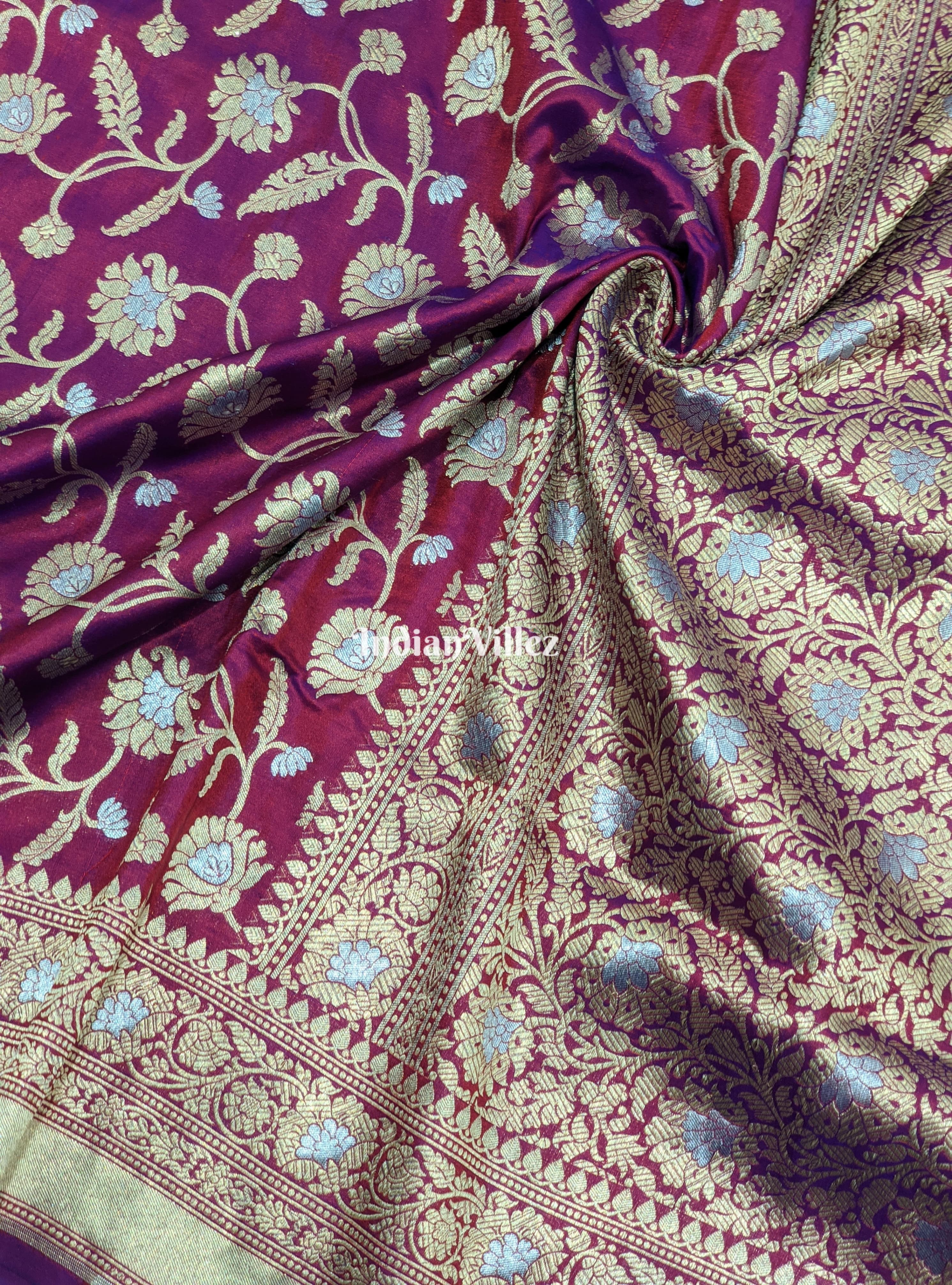 Purple Designer Banarasi Katan Silk Saree with Golden & Silver Work