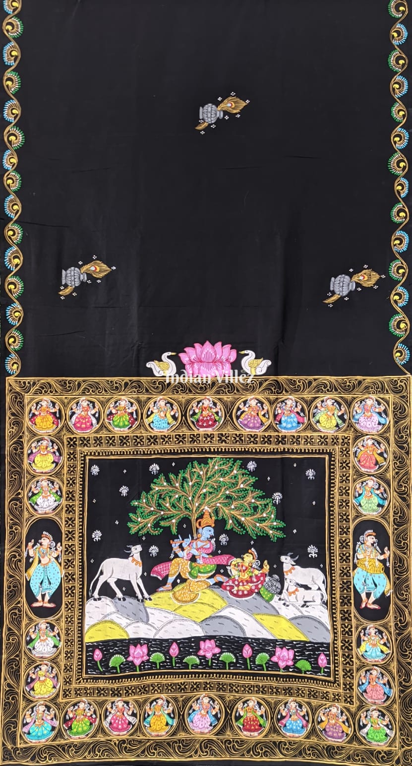 Black Radha Krishna Hand-Painted Pattachitra Silk Saree