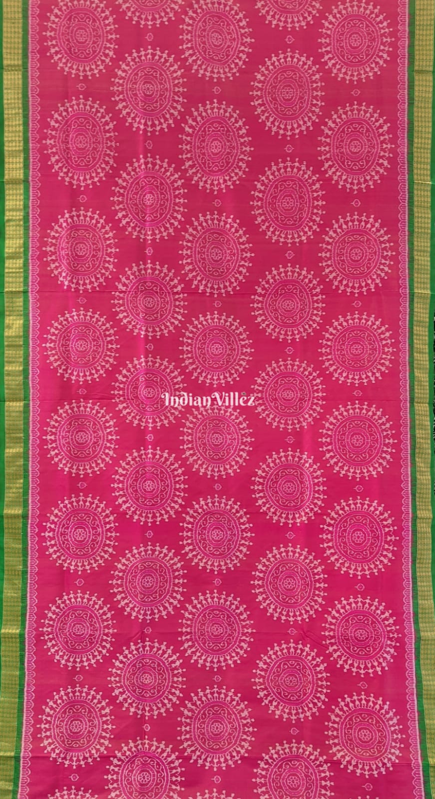Rani Pink with Green Border Tissue Zari Sambalpuri Silk Saree