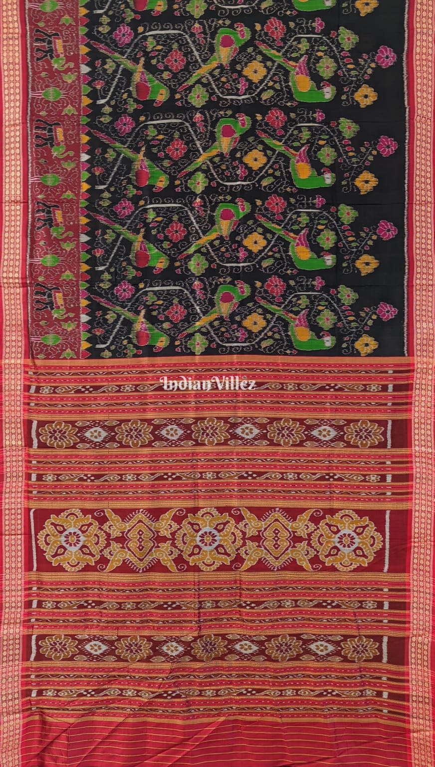 Black Parrot & Flower Design Khandua Silk Saree