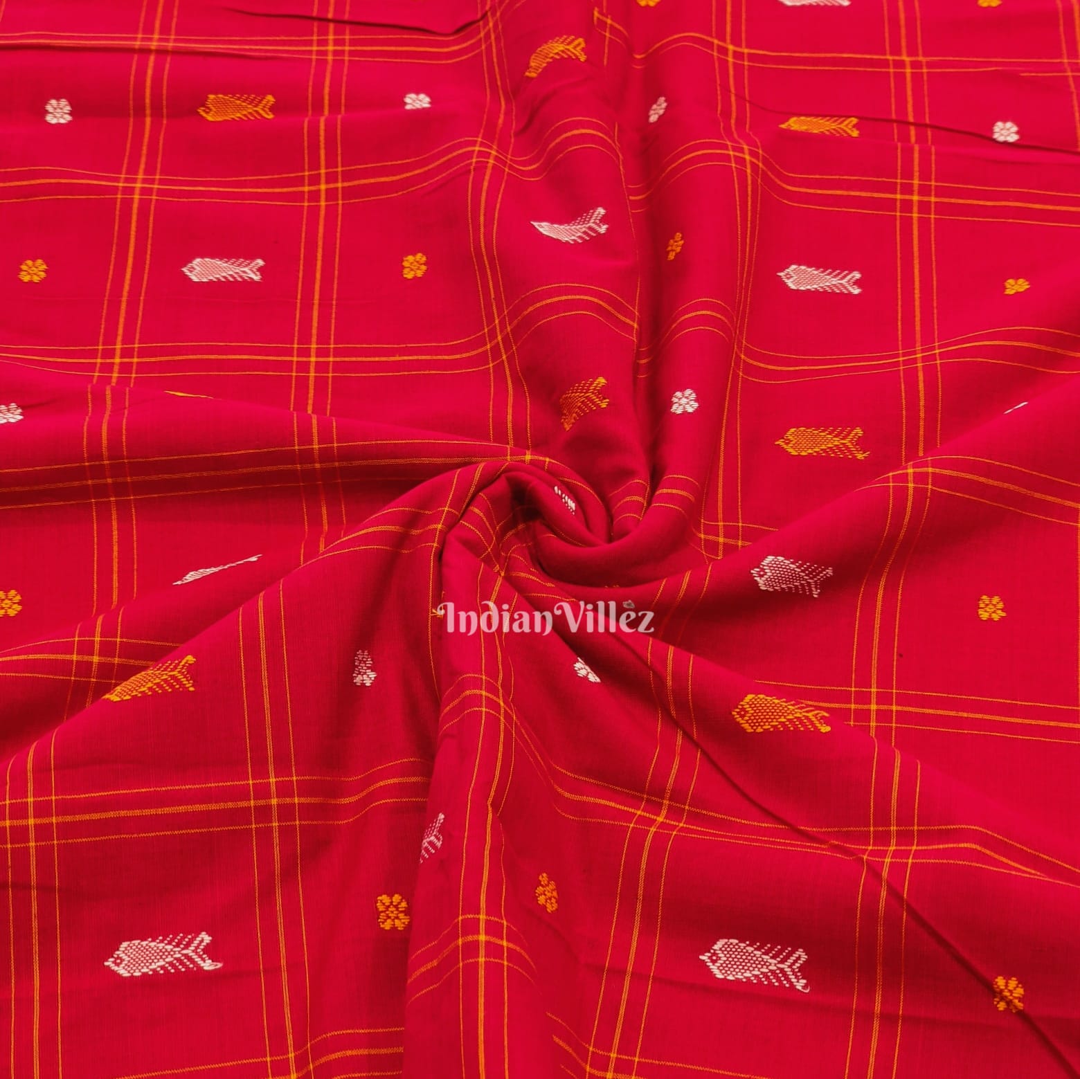 Red Fish & Flower Motif Odisha Ikat Bomkai Cotton Fabric