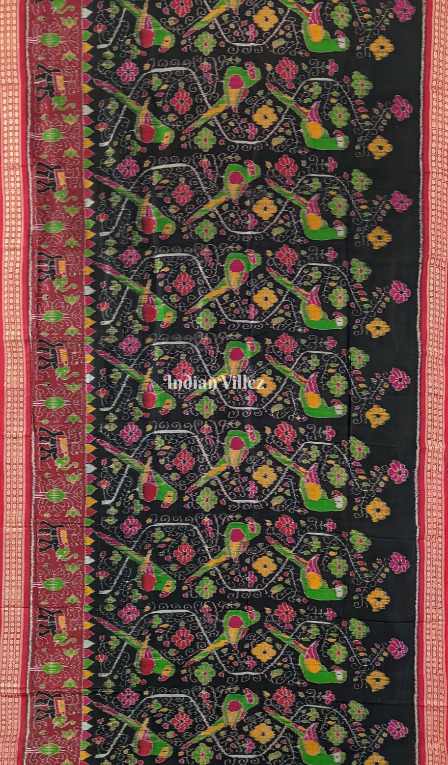 Black Parrot & Flower Design Khandua Silk Saree