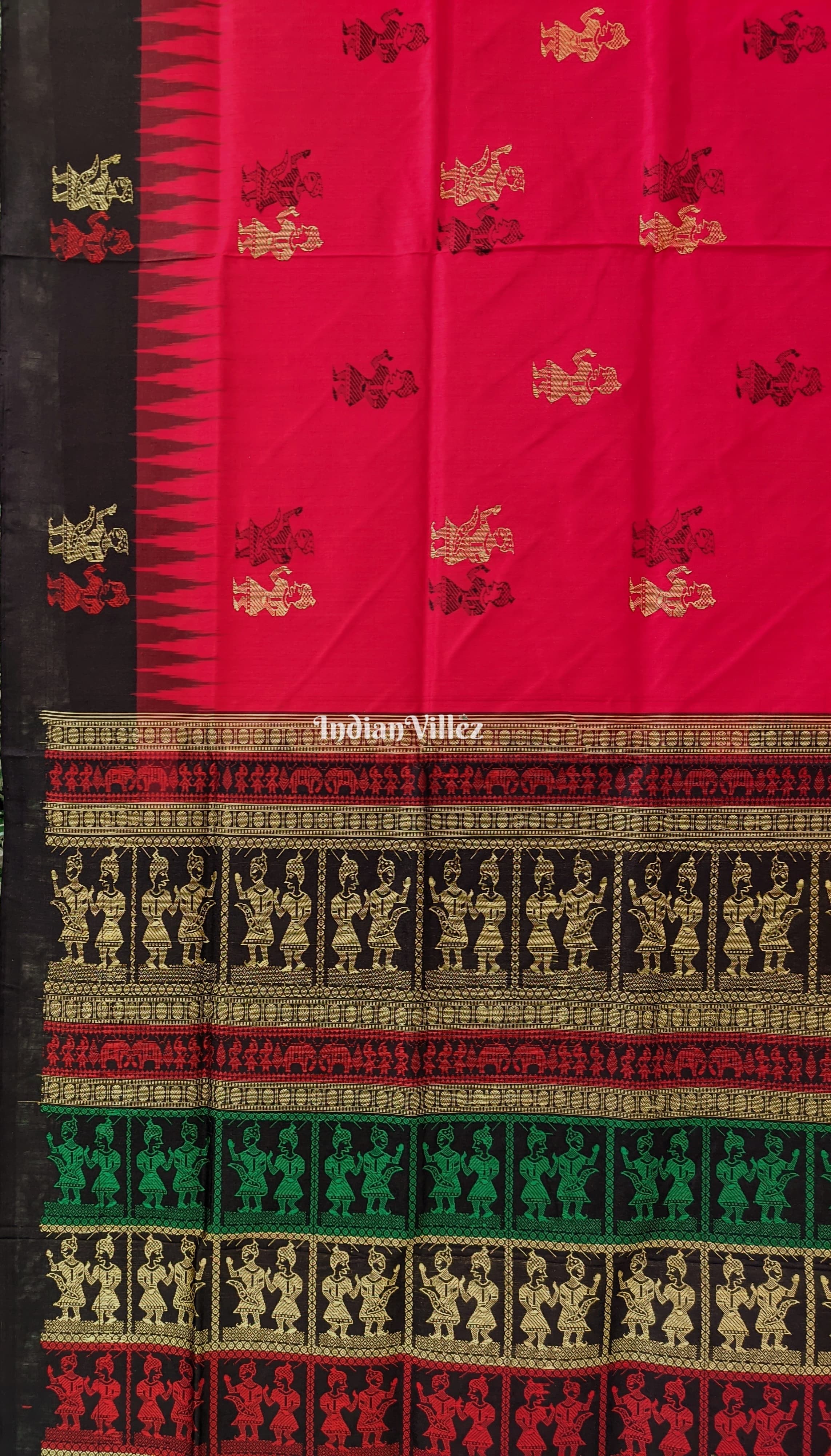 Red Black Raja Rani Theme Sambalpuri Bomkai Silk Saree
