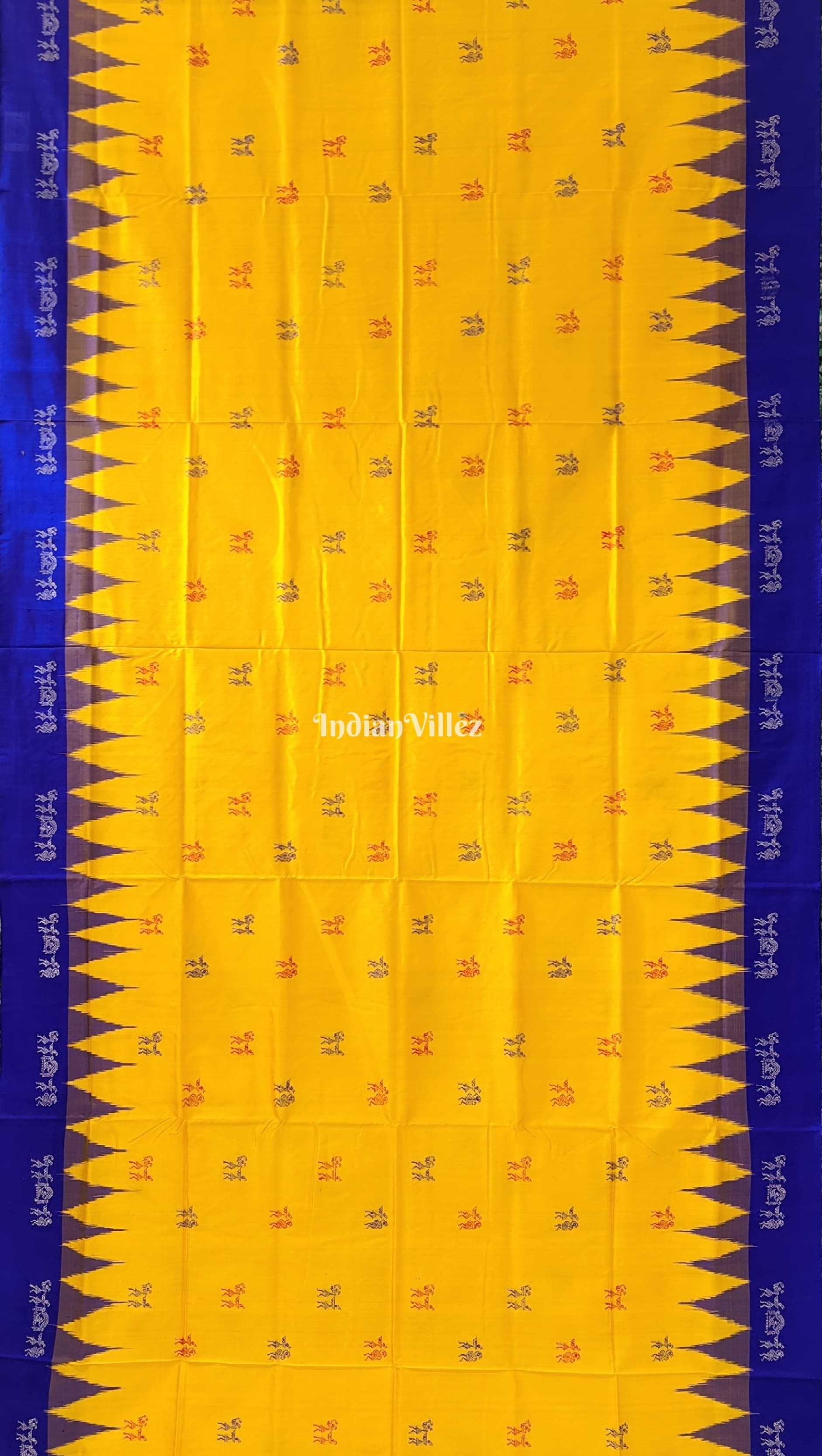 Yellow Blue Tribal Theme Sambalpuri Silk Saree