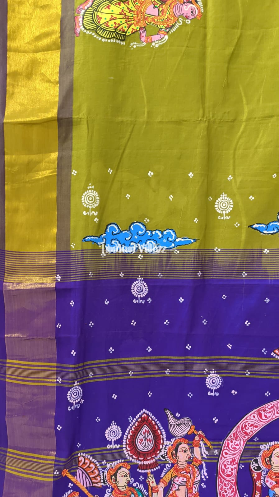 Mehendi Green Blue Radha Krishna Pattachitra Art on Kerala Silk Saree