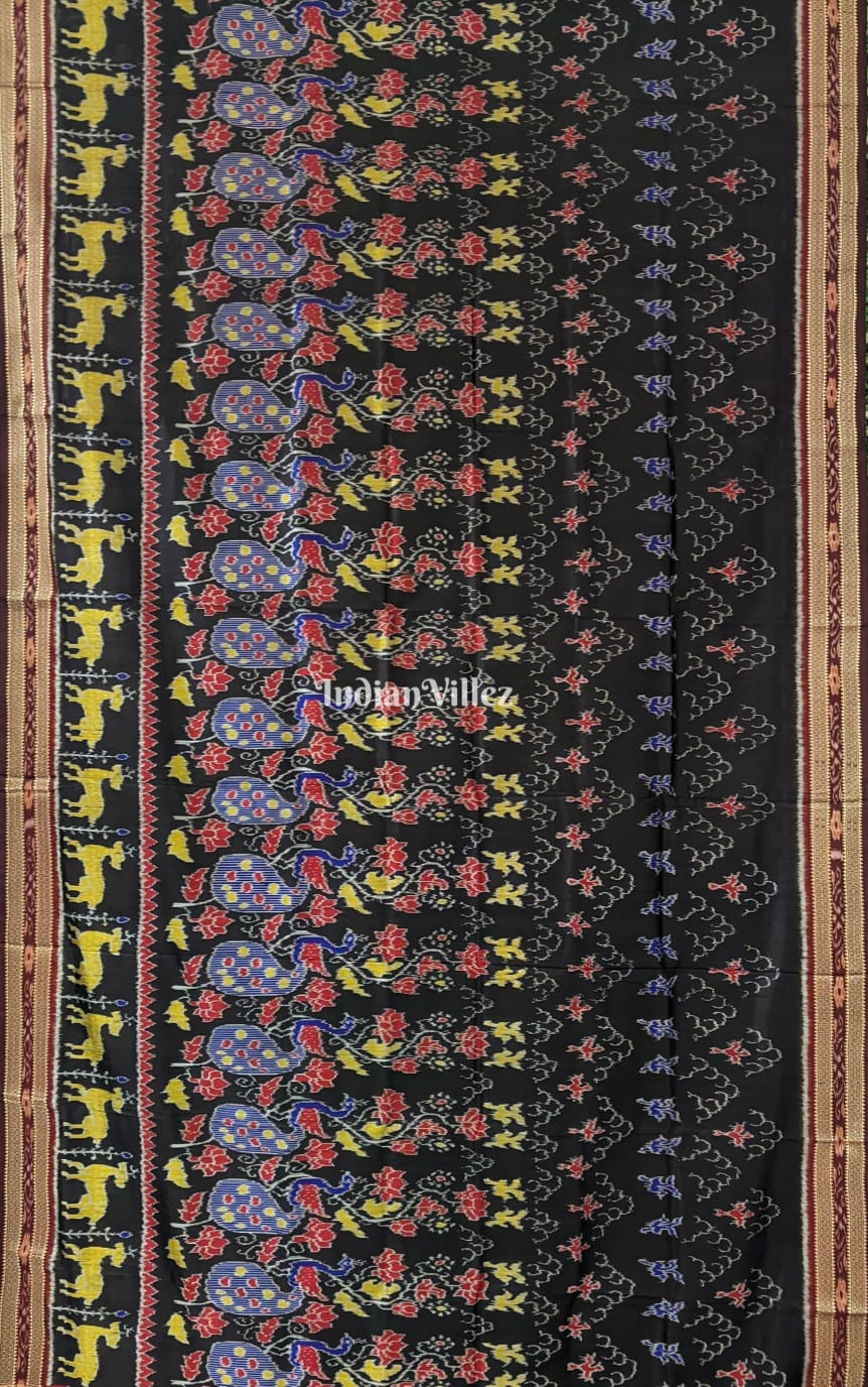 Black Peacock Flower Odisha Ikat Khandua Silk Saree