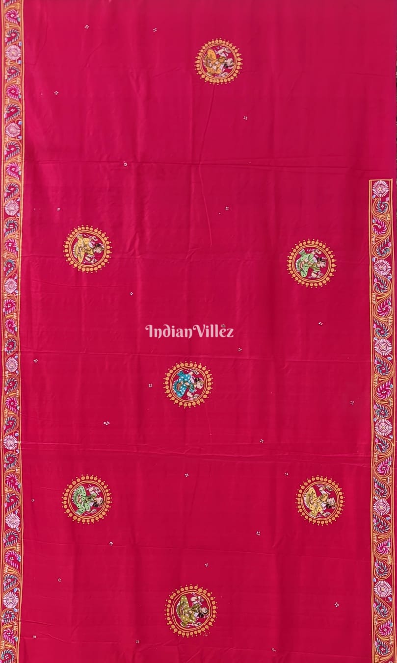Red Radha Krishna Pattachitra Art Pure Silk Saree