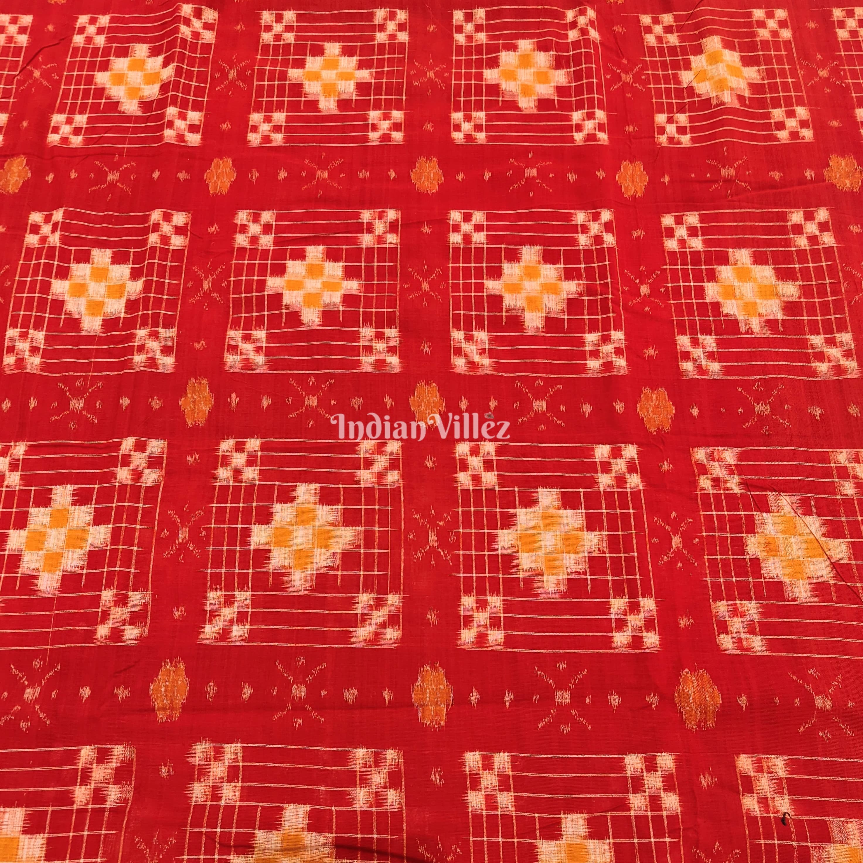 Red Pasapali Theme Sambalpuri Ikat Cotton Fabric