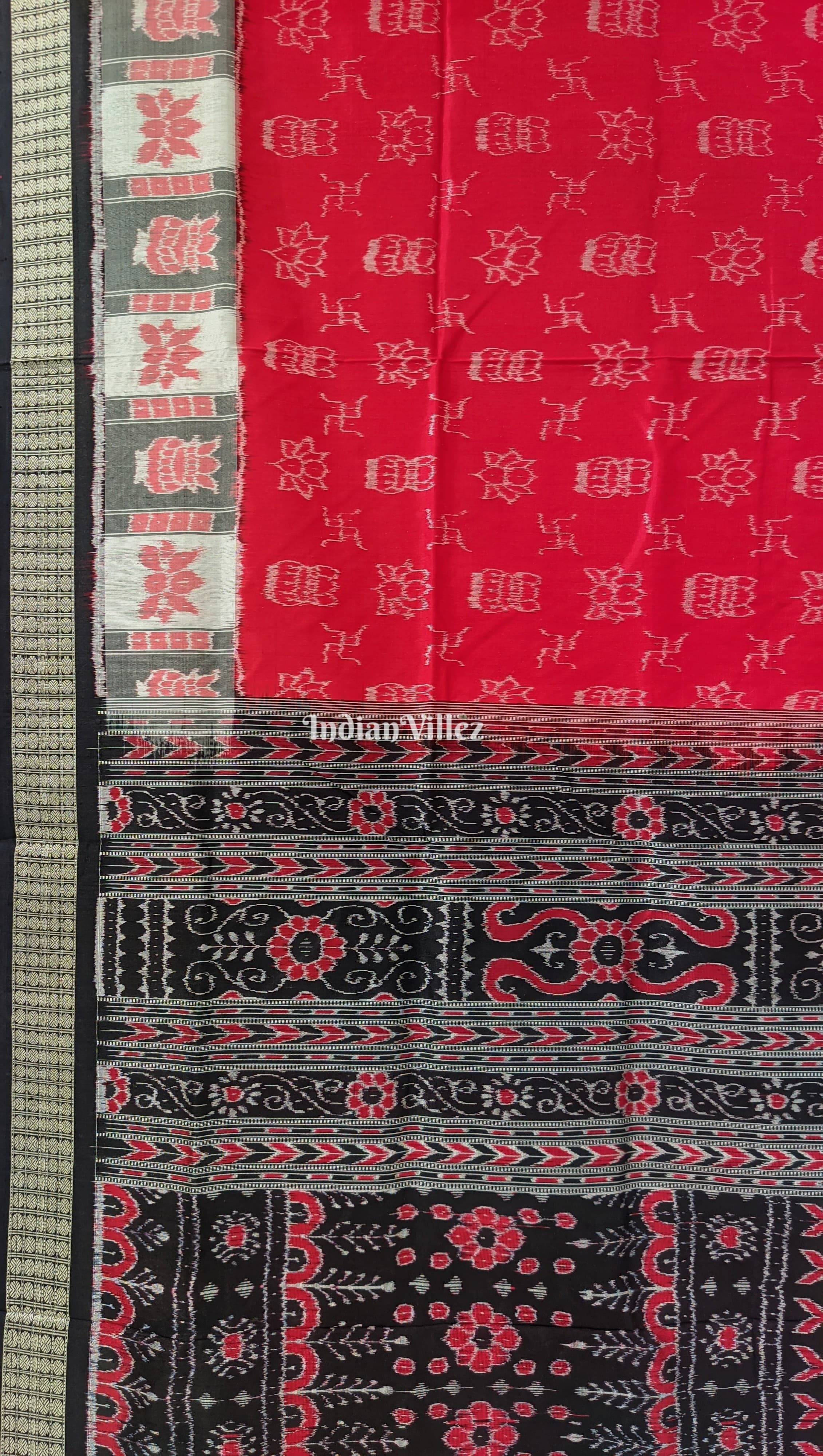 Red Swastik Kumbha Design Sambalpuri Silk Saree