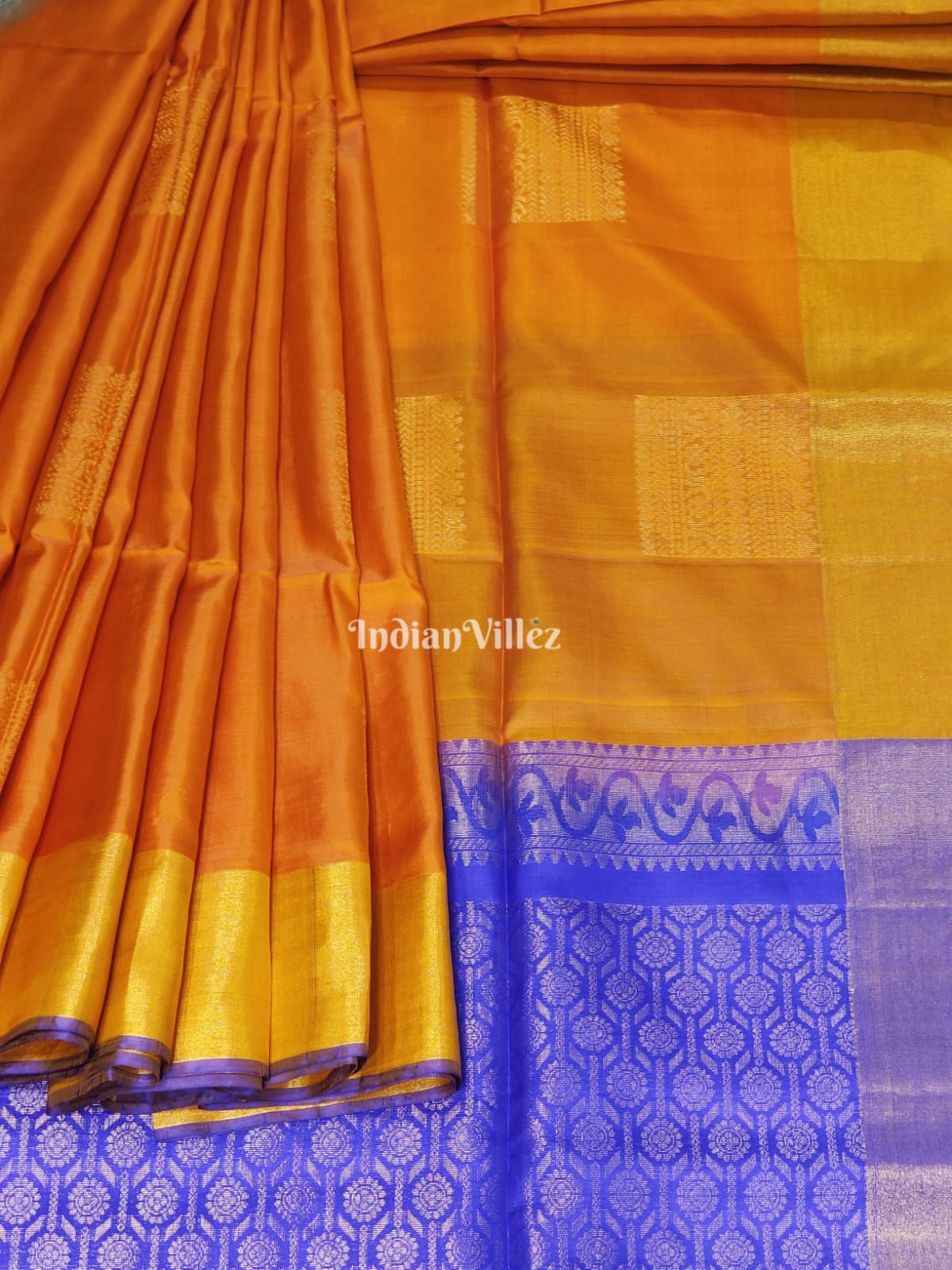 Mustard Yellow Blue Handloom Kanjivaram Soft Silk Saree