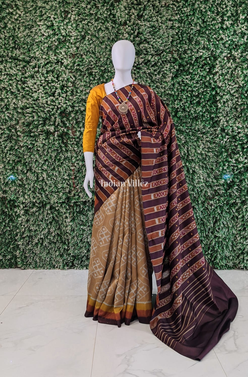 Peach Odisha Ikat Contemporary Silk Saree with Double Pallu