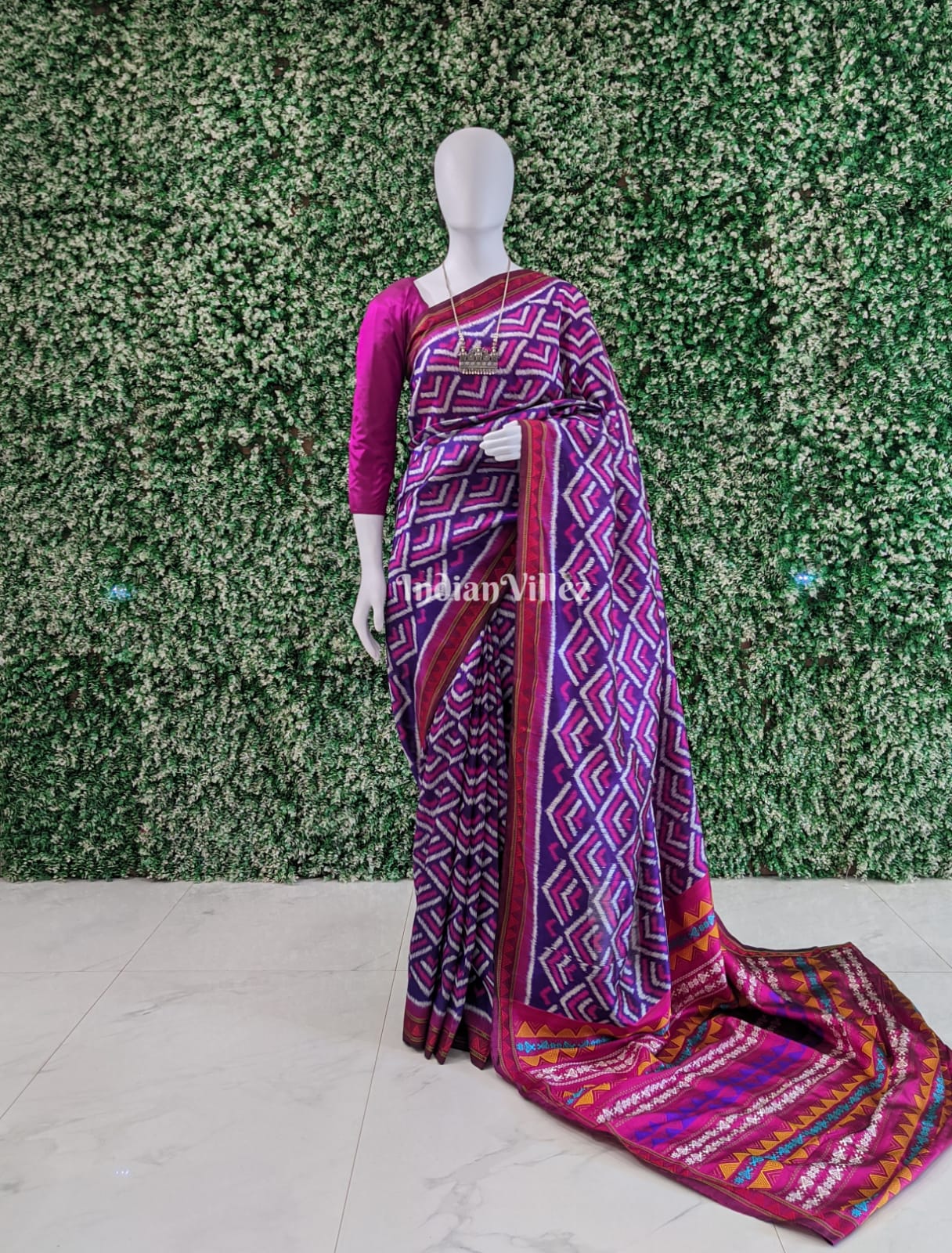 Multicolor Contemporary Odisha Ikat Silk Saree with Dongria Border