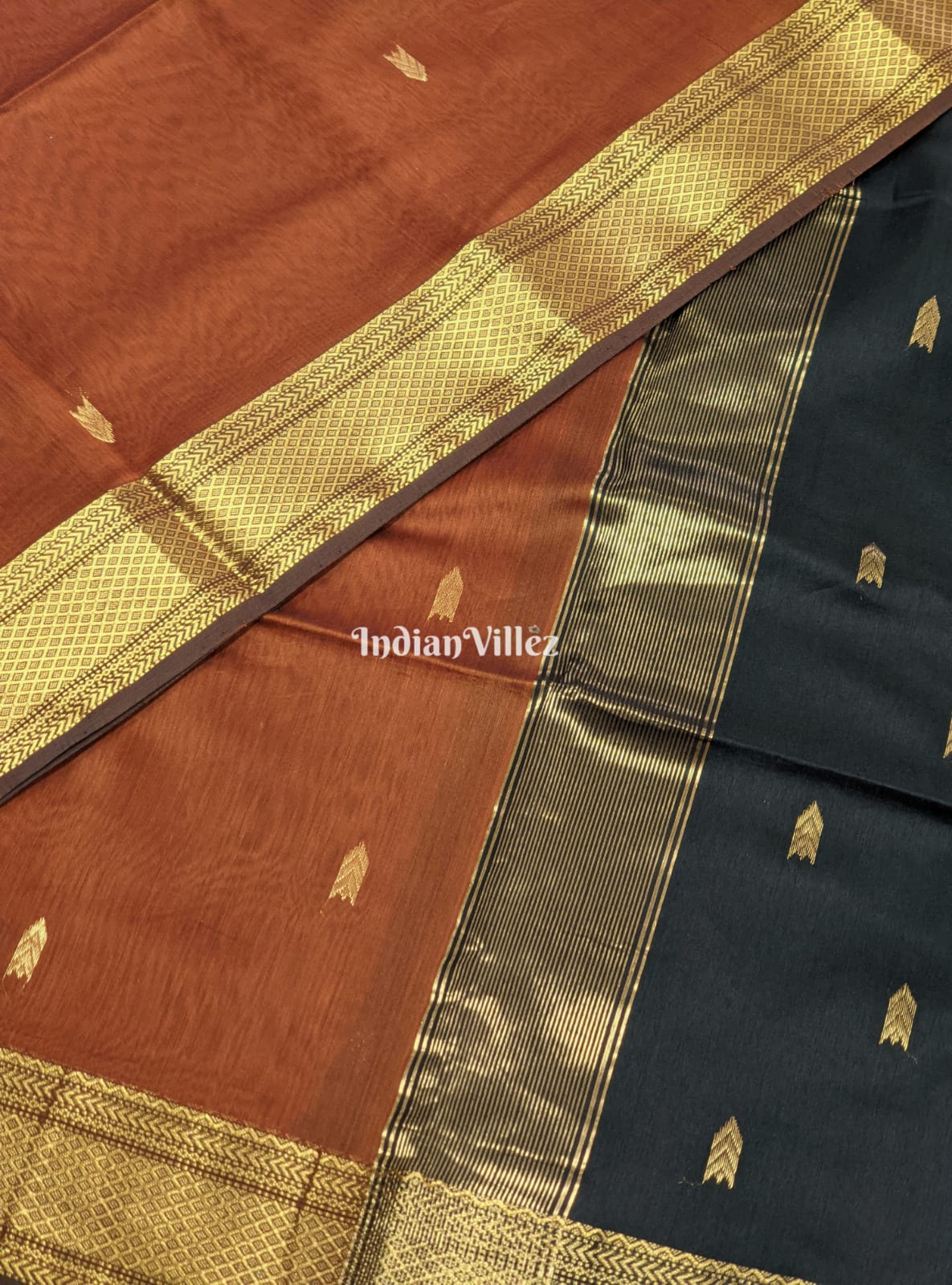 Russet Brown Black Maheshwari Handloom Silk * Cotton Saree