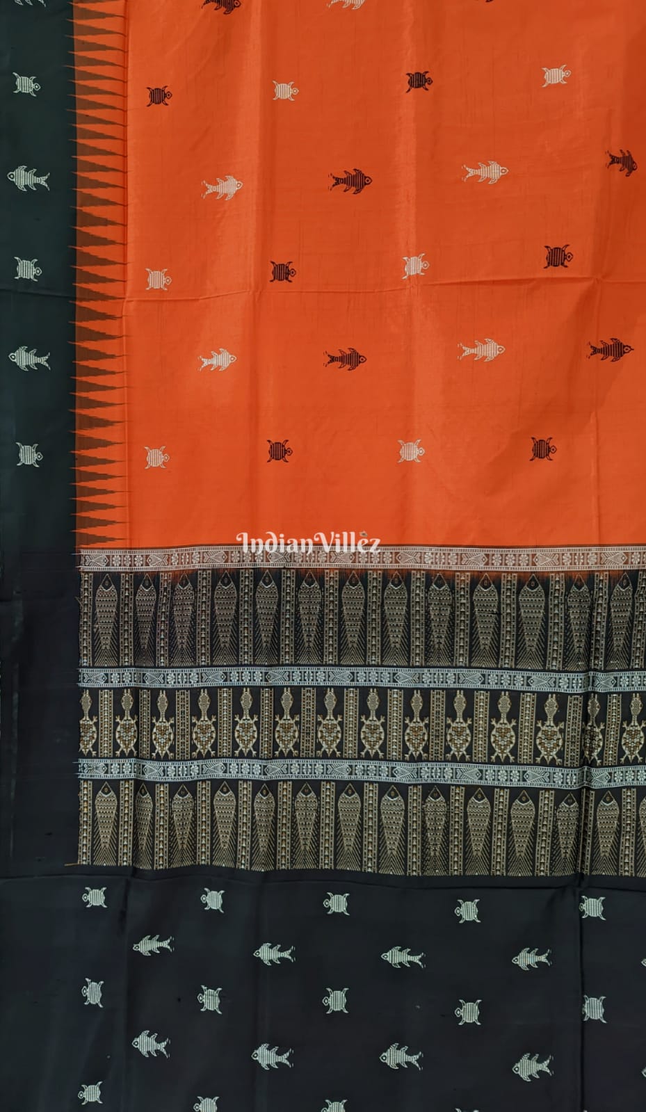 Orange Fish Motif  Habaspuri Bomkai Sambalpuri Silk Saree