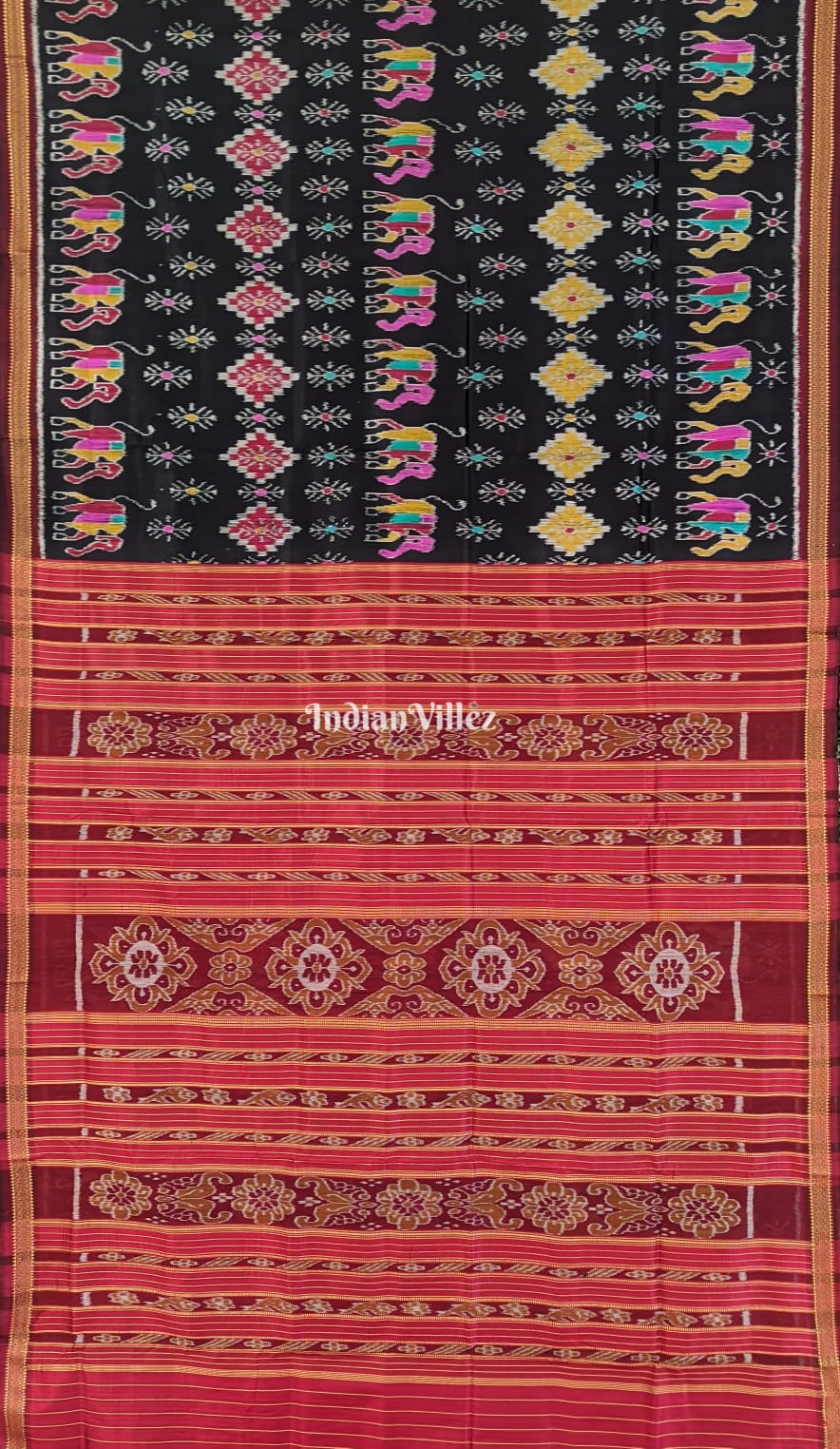 Black Elephant Flower Theme Khandua Silk Saree