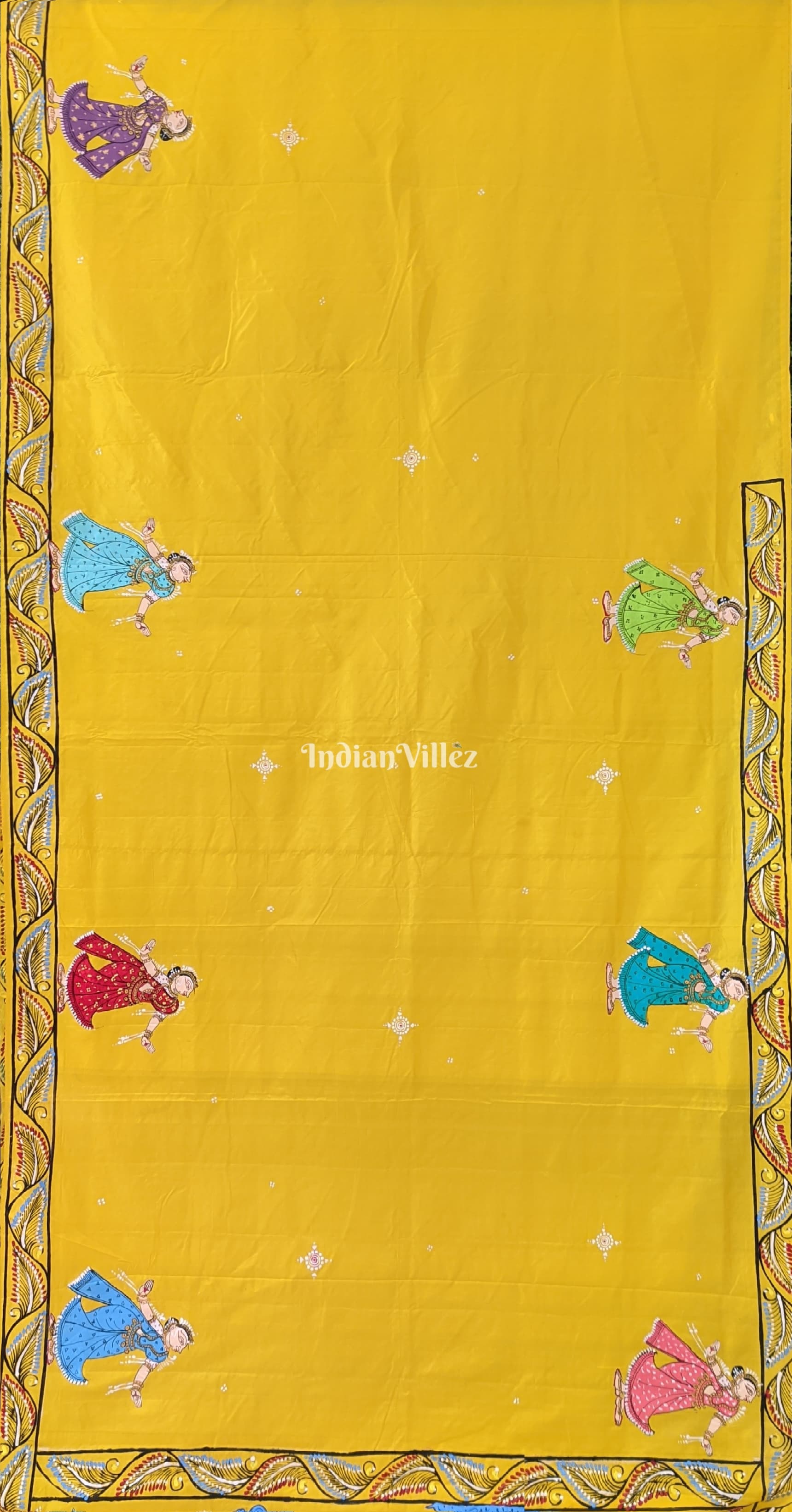 Yellow Mathura Vijay Pattachitra on Mulberry Silk Saree