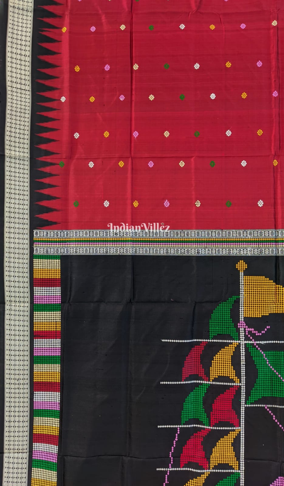 Red Black Boita Anchal Bomkai Sambalpuri Silk Saree